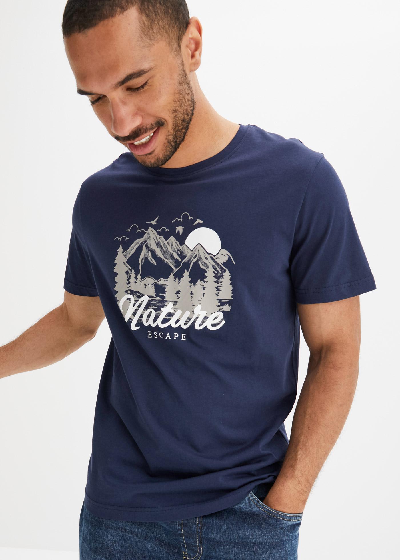 T-Shirt BONPRIX "T-Shirt aus reiner Baumwolle", Herren, Gr. 68/70 (4XL), blau (dunkelblau bedruckt), Obermaterial: 100% Baumwolle, regular fit, Shirts T-Shirt, Regular Fit, Kurzarm-Design, aus reiner Baumwolle