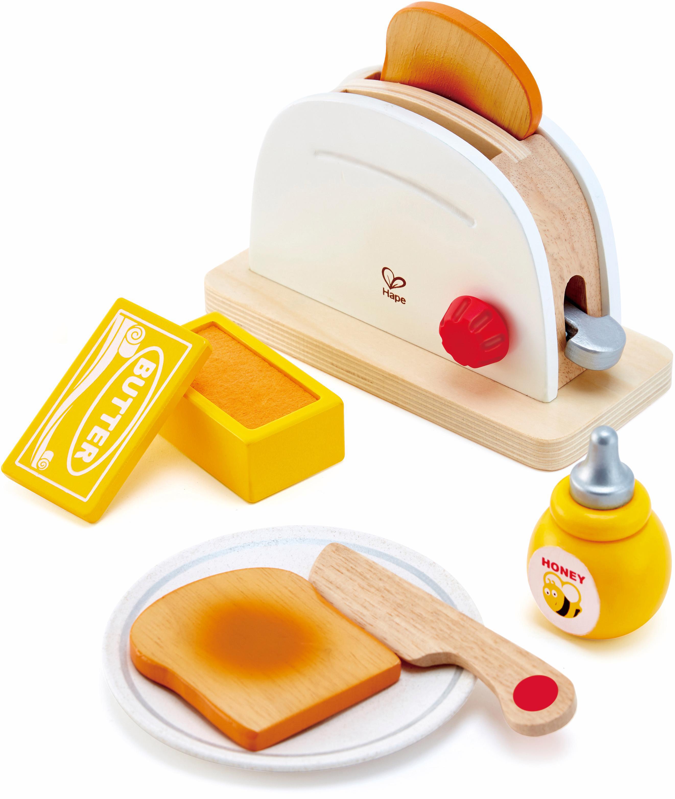 Kinder-Toaster HAPE "Pop-Up-Toaster-Set, 7-tlg.", gelb (natur, weiß, gelb), Spielzeug-Haushaltsgeräte, KinderB:18cm H:11,2cm T:18cm, Holz, Kinder-Toaster, aus Holz, B:18cm H:11,2cm T:18cm