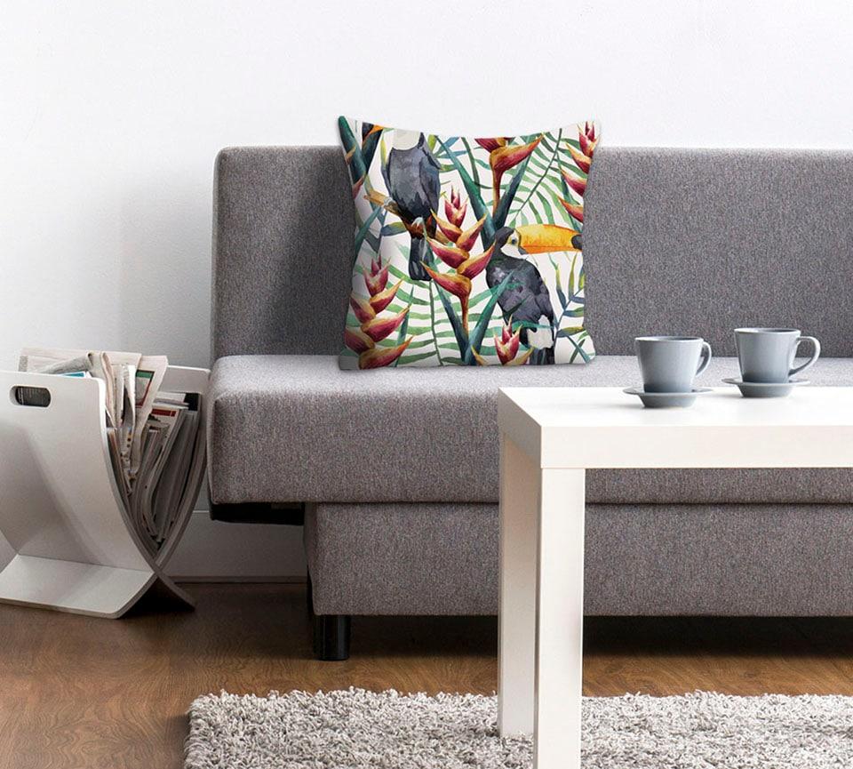 Dekokissen QUEENCE "Lea", bunt (bunt, bedruckt), B:40cm L:40cm, Polyester, Dekokissen_Sitzkissen_Kissenhüllen, Dekokissen, Kissenhülle,Tukan,Exotisch,Bunt,Vogel,Tropisch,Dschungel,Fröhlich