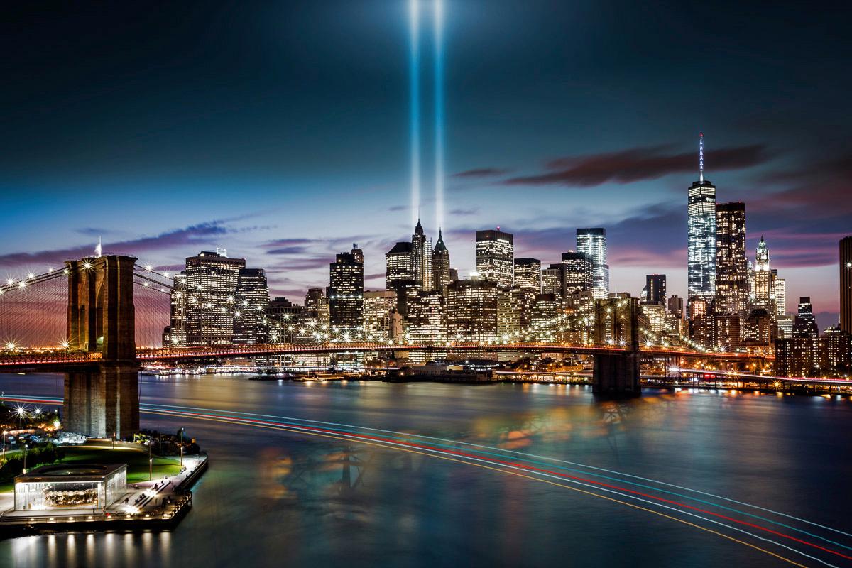 Fototapete PAPERMOON "New York bei Nacht", bunt, B:5m L:2,8m, Vlies, Tapeten, Fototapete