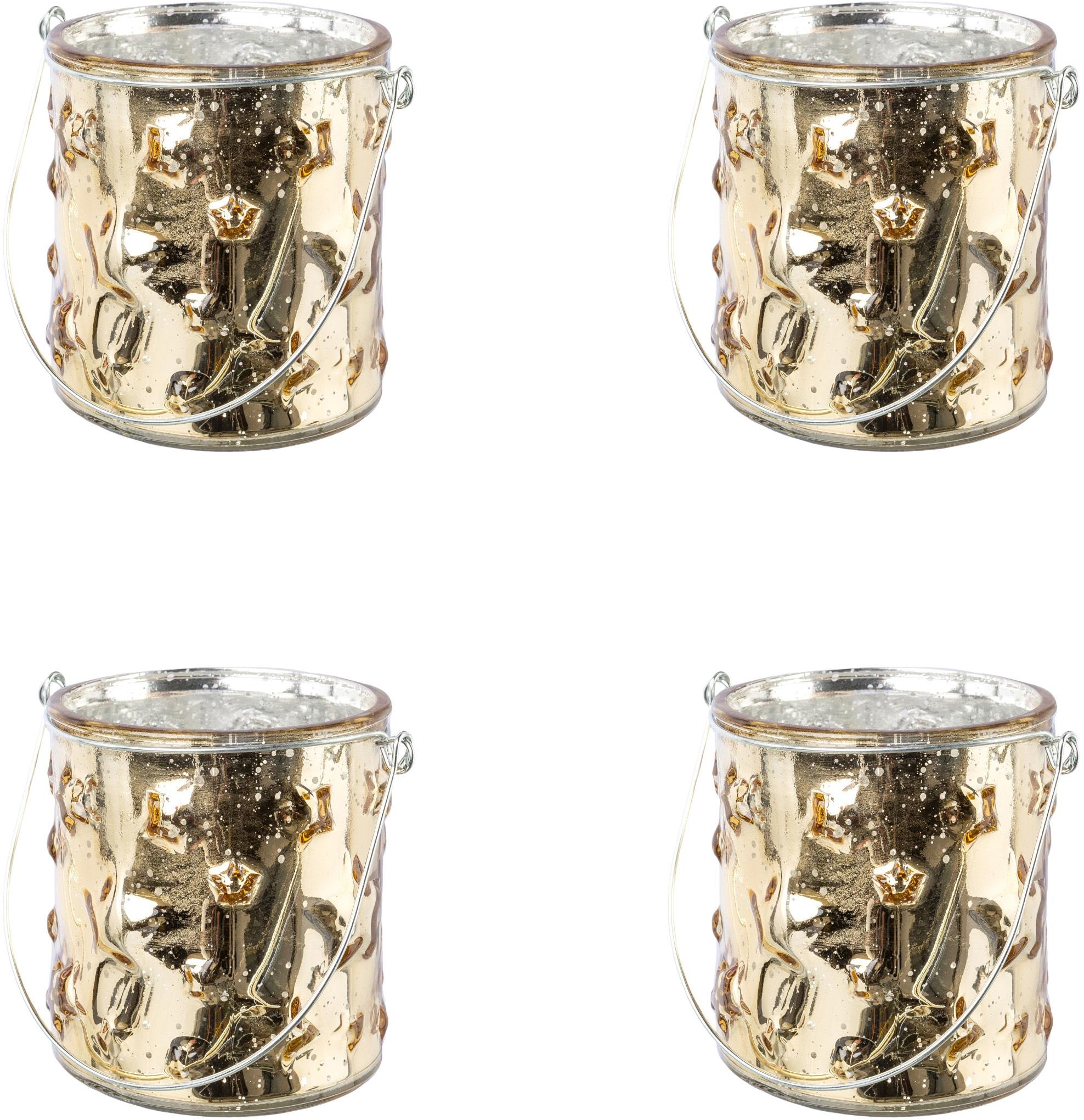 Windlicht CREATIV DECO "Weihnachtsdeko", gold (goldfarben), H:10cm Ø:6,5cm, Glas, Kerzenhalter, Windlicht, Glas mit Stern-Struktur