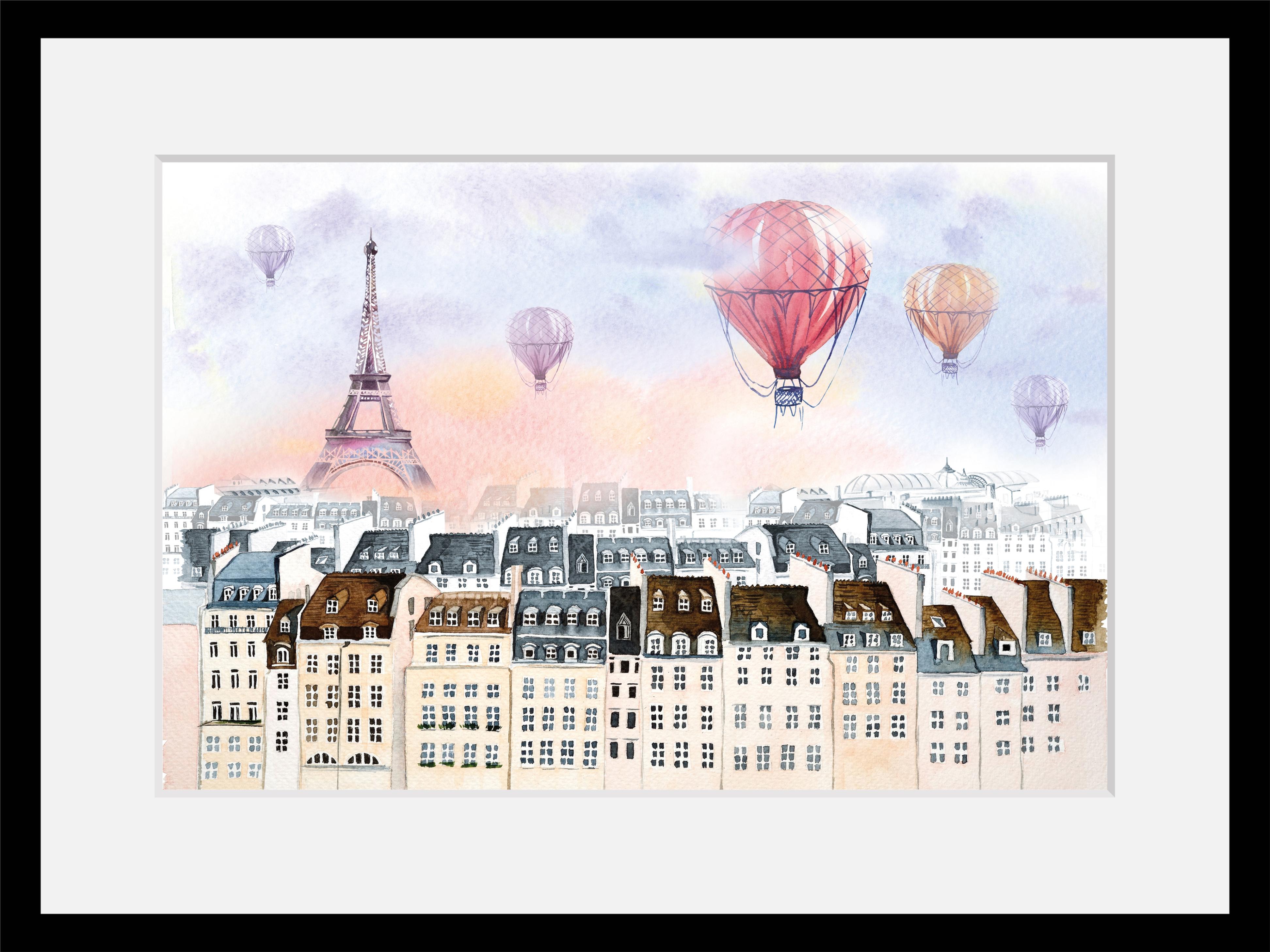 Bild QUEENCE "Heißluftballon in Frankreich", bunt (farbe rahmen: schwarz, farbe bild(er): bunt), B:60cm H:50cm, Acrylglas, Holz, Papier, Bilder, Bild, HD Premium Poster-Druck inkl. Holzrahmen
