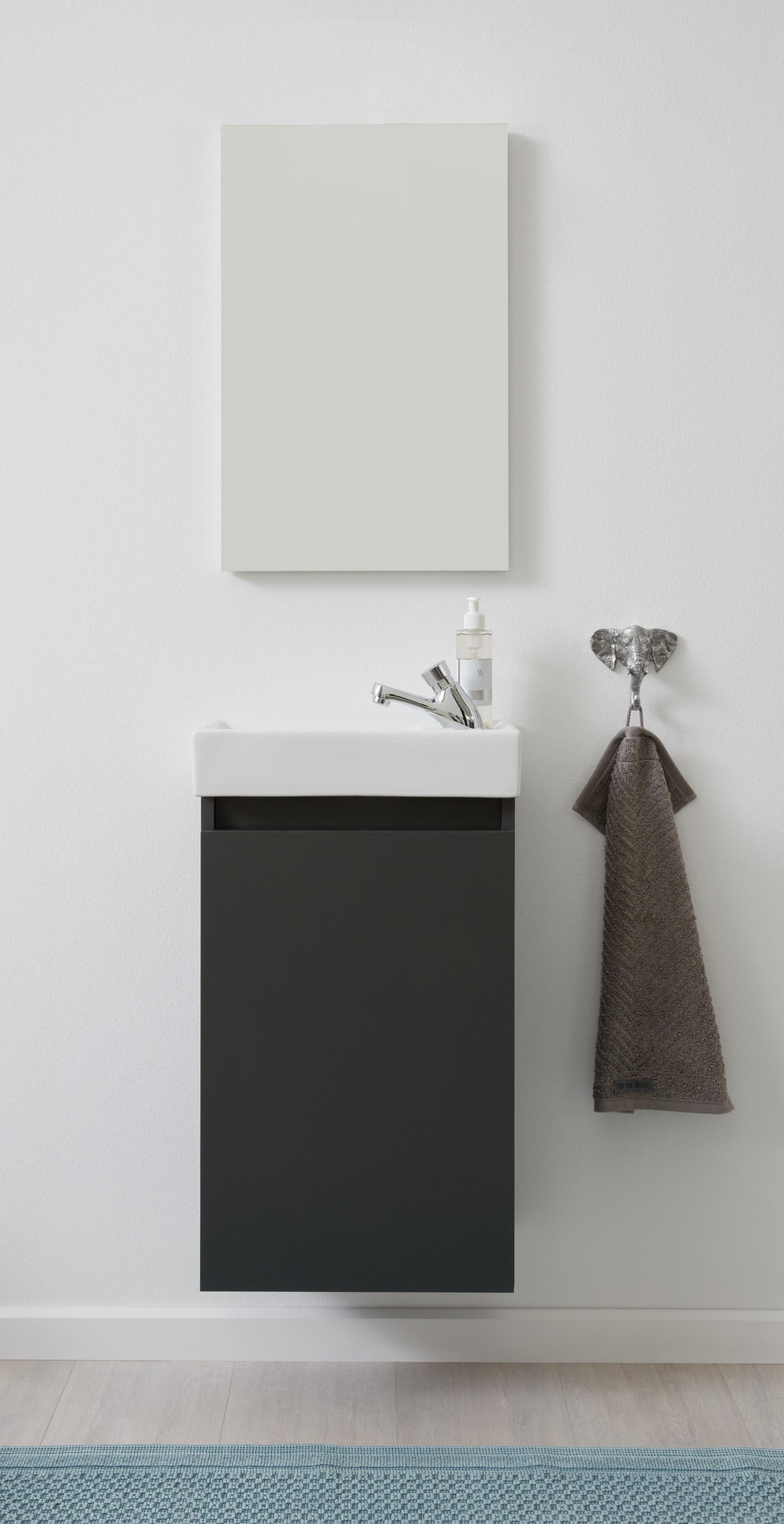 Badmöbel-Set WELLTIME "Oslo 2-teilig", grau, B:40cm H:68cm T:22cm, Floatglas, Holzwerkstoff, Keramik, MDF, Kastenmöbel-Sets, Badmöbel-Set, Waschtisch mit Waschbecken und Spiegel Breite 40cm, Gästewaschtisch