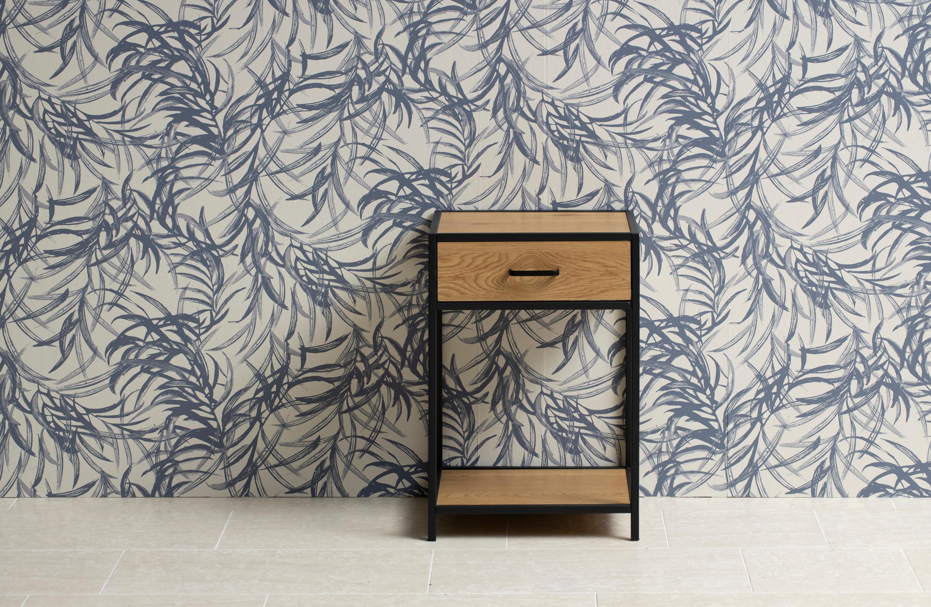 Nachttisch ACTONA GROUP, braun (matt wildeiche, matt schwarz, matt wildeiche), B:42cm H:63cm T:35cm, Tische, Nachttisch, Metallgestell, Industrie-Look, Schublade und Einlegeboden, H: 63 cm