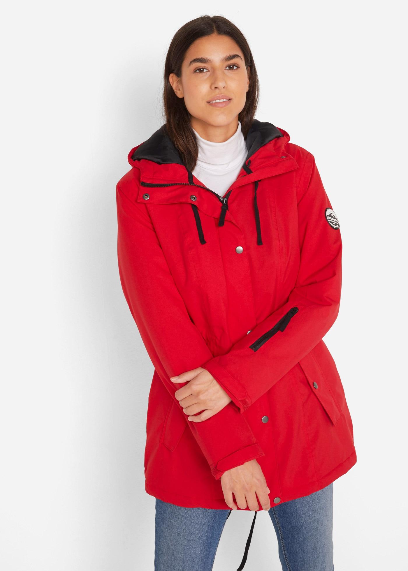 Funktionsjacke BONPRIX "wasserdichte Funktions-Parka mit Kapuze", Damen, Gr. 56, rot (tiefrot), Obermaterial: 100% Polyester. Futter: 100% Polyester. Wattierung: 100% Polyester, unifarben, lässig geschnitten, verstellbar, Jacken Funktionsjacke, wasserdichter Parka, mit Kapuze, lässig geschnitten, mit Stehkragen
