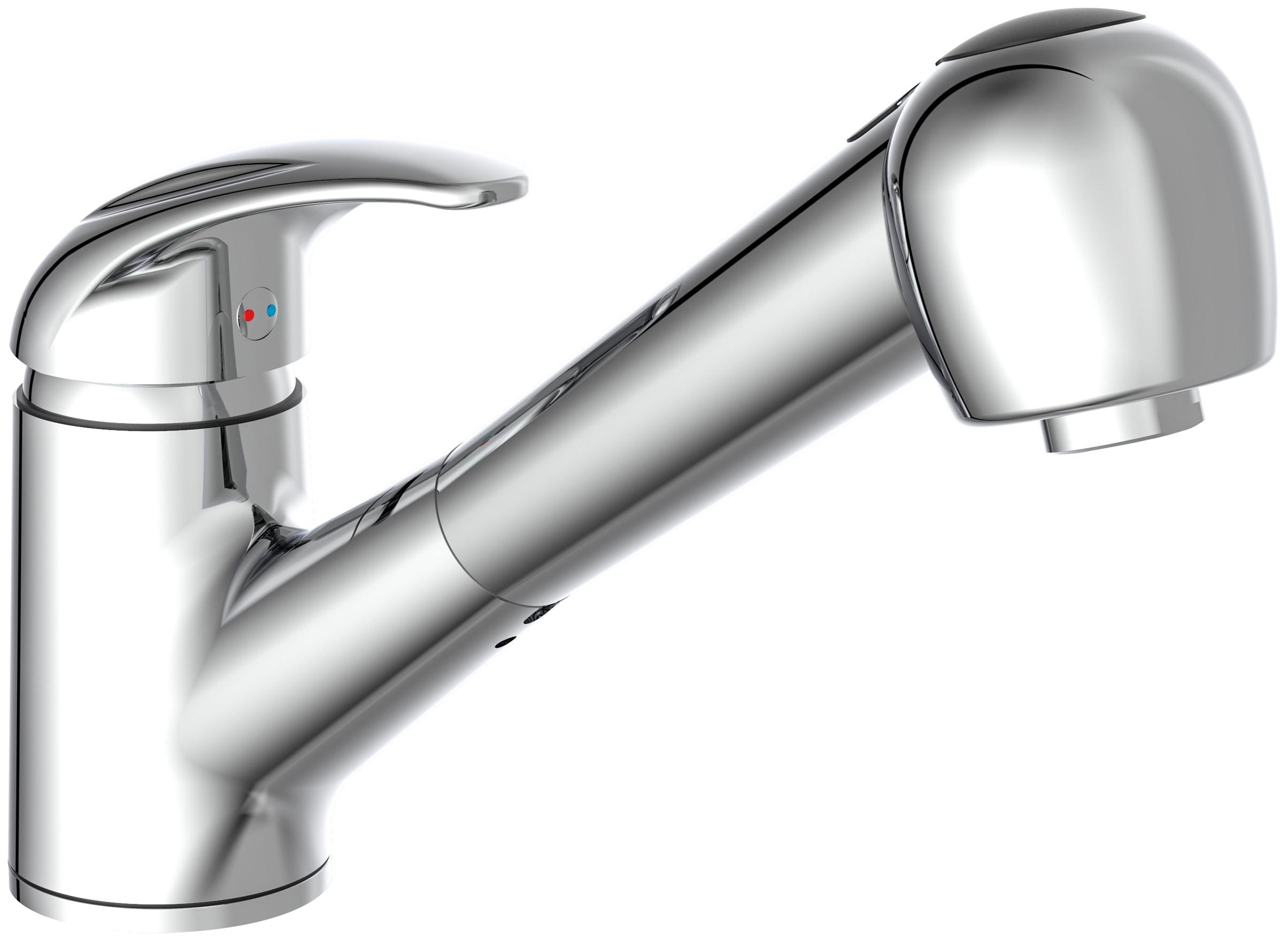 Spültischarmatur SCHÜTTE "ABERDEEN", grau (chromfarben), B:5,8cm H:18,4cm T:27cm, Messing, Armaturen, Spültischarmatur, mit Geschirrbrause, Niederdruck Armatur Küche, 150 schwenkbar, Chrom