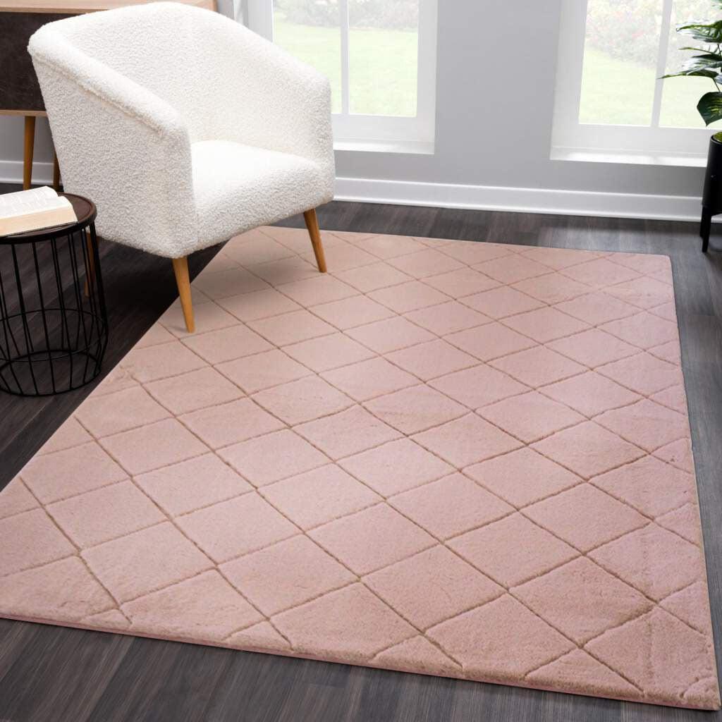 Hochflor-Teppich CARPET CITY "Moment", rosa, B:80cm H:31mm L:150cm, Polyester, Teppiche, Hochflor-Teppich, besonders weich, Kaninchen Fell Haptik, 3D-Effekt, Rauten, Wohnzimmer