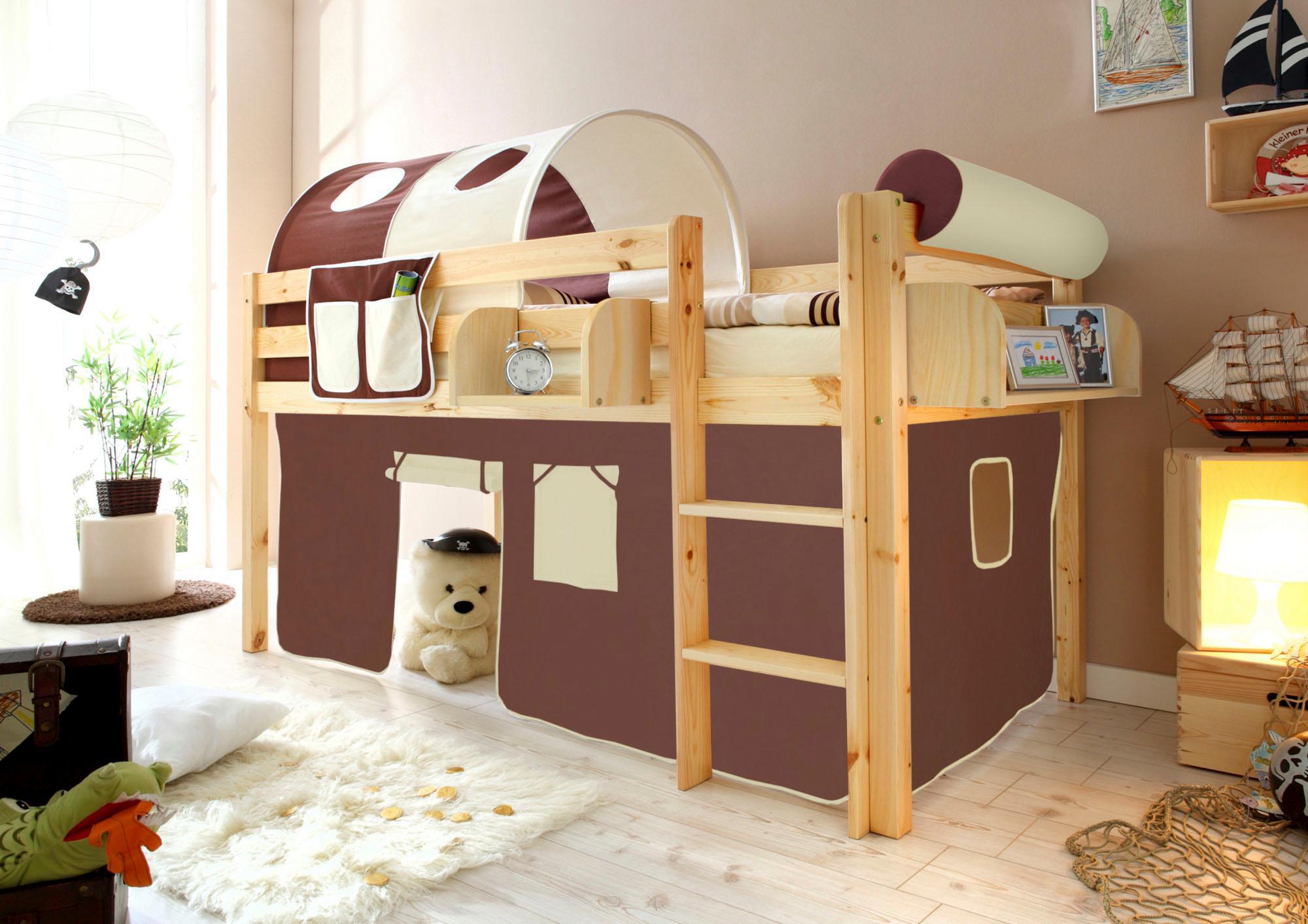 Hochbett TICAA "Malte", braun (kiefer massiv natur, braun, beige), B:101cm H:114cm L:205cm, Hochbetten, Hochbett, mit Rollrost und in verschiedenen Ausführungen wahlweise mit Matratze