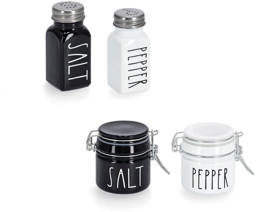 Salz- / Pfefferstreuer ZELLER PRESENT, schwarz-weiß (schwarz, weiß), B:4,1cm H:9,2cm Ø:4,1cm, Gewürzstreuer, Salz- / Pfefferstreuer, Glas / Metall, je 2 Gewürzgläser, Gewürzstreuer