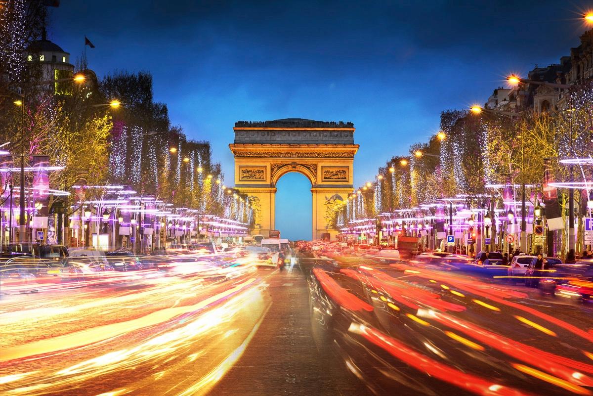 Fototapete PAPERMOON "Paris Straße bei Nacht", bunt, B:5m L:2,8m, Vlies, Tapeten, Fototapete