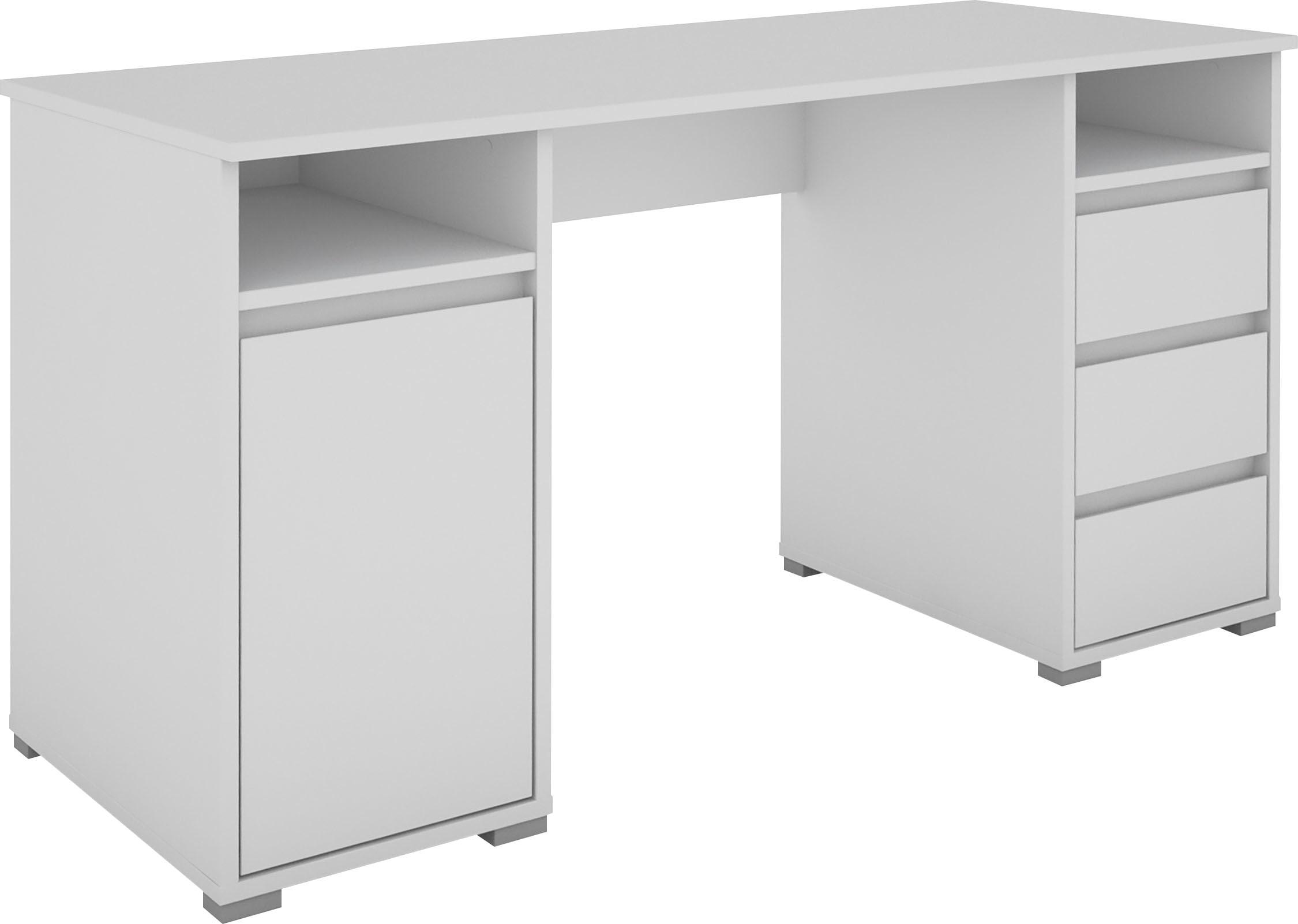 Schreibtisch BYLIVING "Lobo", weiß (weiß, weiß, weiß), B:138cm H:75cm T:55cm, Tische, Schreibtisch, Breite 138 cm, Computertisch mit Schubladen, im modernen Design