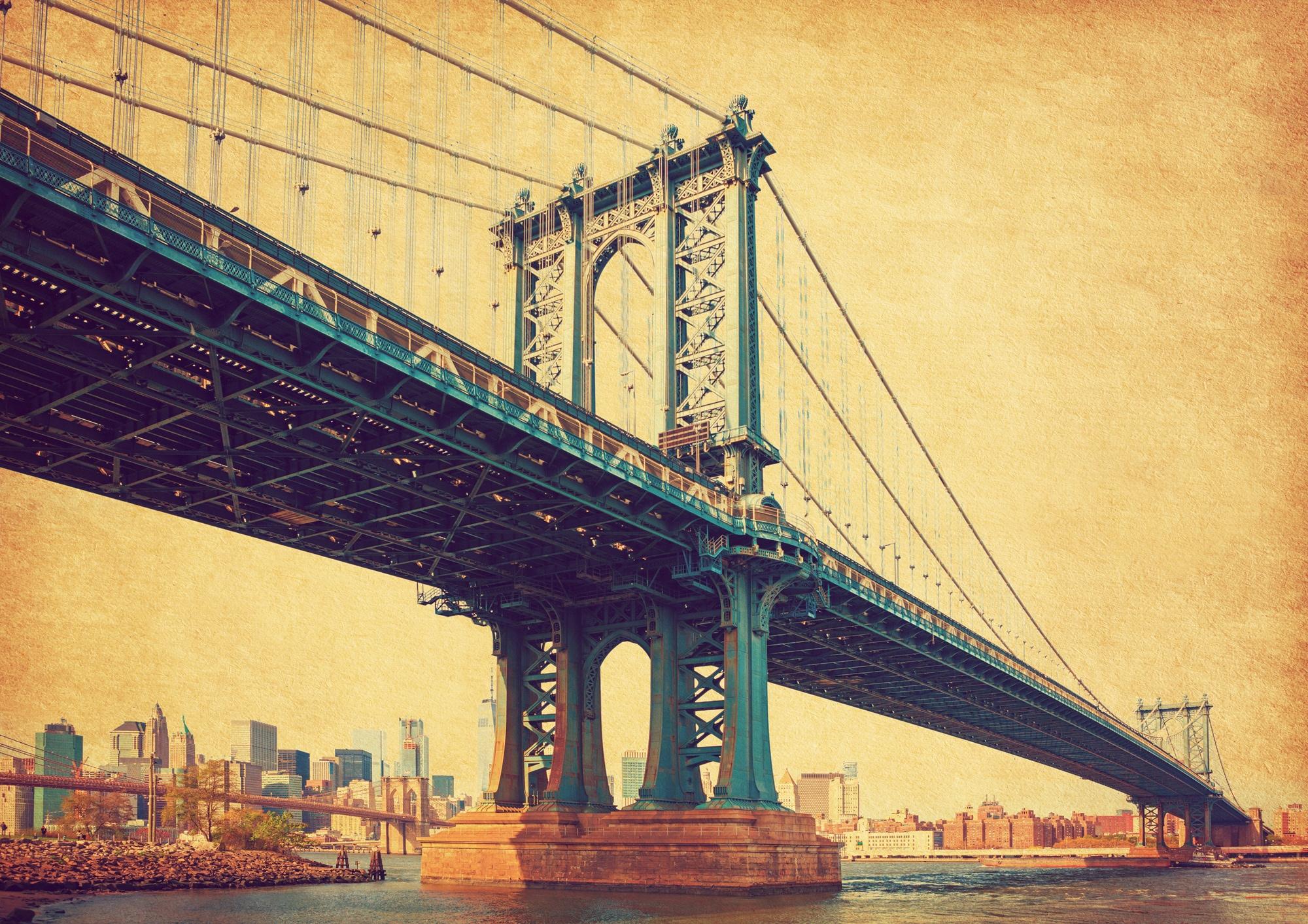 Fototapete PAPERMOON "BROOKLYN BRIDGE-RETRO NEW YORK MANHATTAN BRÜCKE VINTAGE", bunt, B:2,5m L:1,86m, Vlies, Tapeten, Fototapete