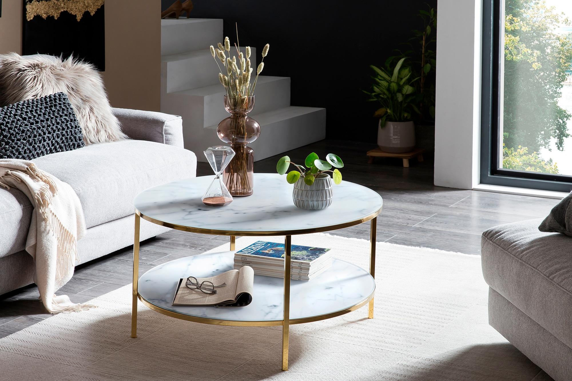 Couchtisch SALESFEVER "Caorle Coffeetable im minimalistischen Stil", weiß (weiß, gold, gold, weiß), B:80cm H:45cm T:80cm, Tische, Couchtisch, Eleganz trifft Stil: Tischplatten in Marmoroptik