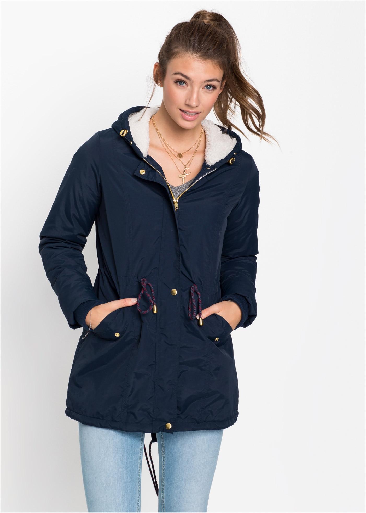 Parka BONPRIX, Damen, Gr. 42, blau (dunkelblau), Obermaterial: 100% Polyester. Futter: 100% Polyester. Ärmelfutter: 100% Polyester, unifarben, loose fit, Rippstrickbündchen, Jacken Parka, modischer Stil, mit Teddy-Fleece, mit Kapuze, lockere Passform