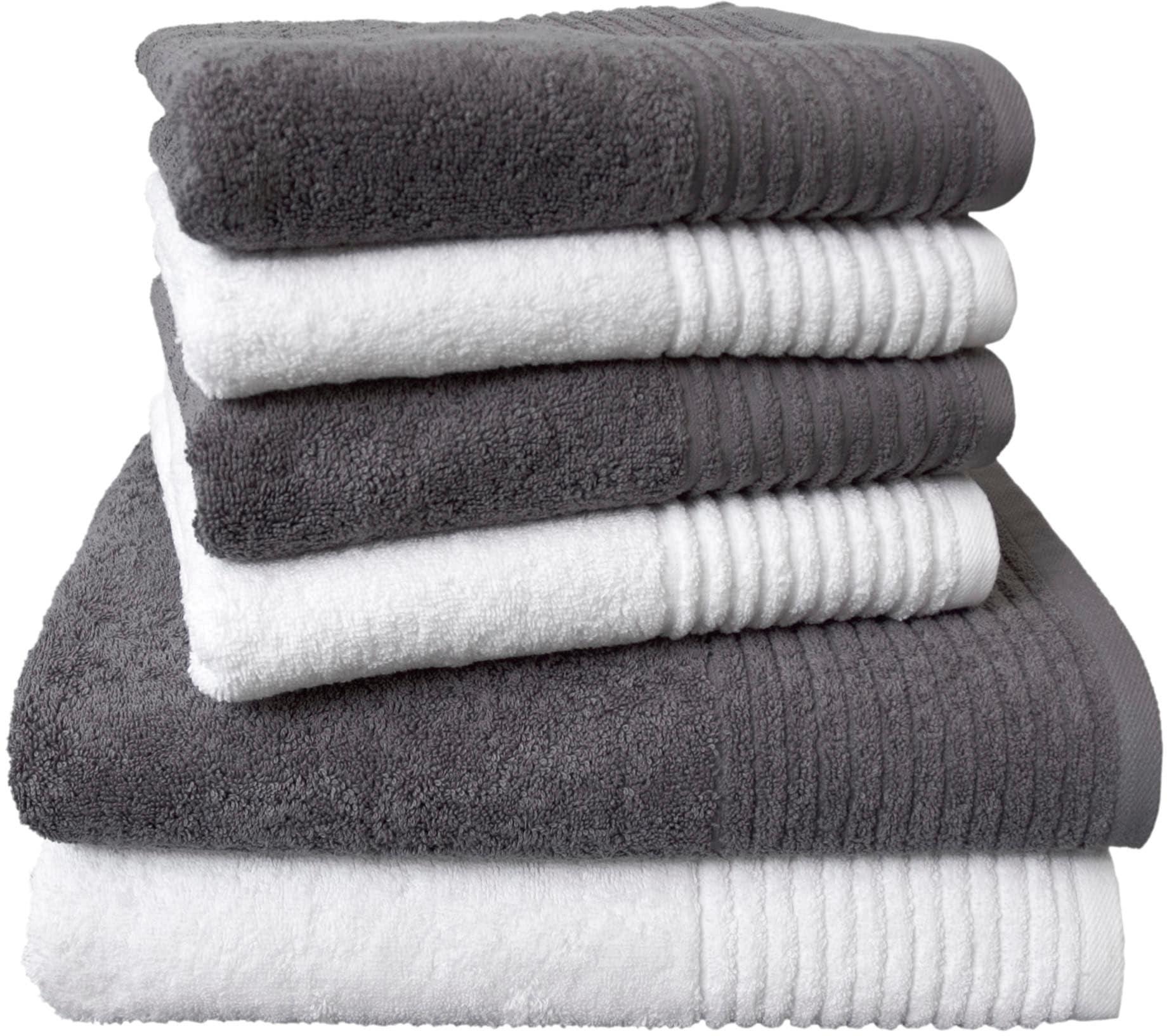Handtuch Set DYCKHOFF "Brillant", grau (grau, weiß), 6 Stk., Walkfrottee, Walkfrottee, Obermaterial: 100% Baumwolle, Handtuch-Sets, Handtuch Set, mit Streifenbordüre;4 Handtücher (50x100cm), 2 Duschtücher (70x140cm)