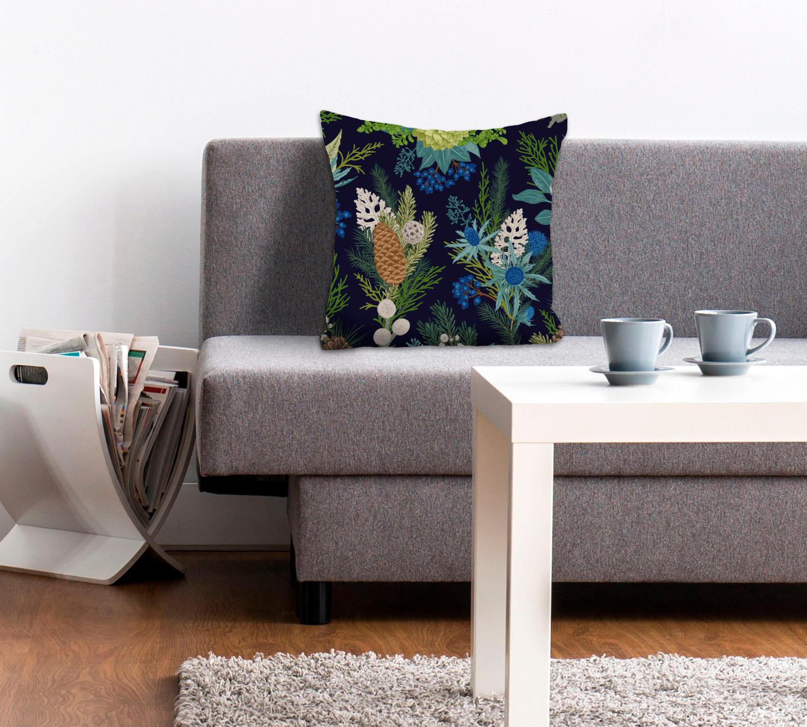 Dekokissen QUEENCE "Camilla", bunt (braun, grün, blau, bedruckt), B:40cm L:40cm, Polyester, Dekokissen_Sitzkissen_Kissenhüllen, Dekokissen, Kissenhülle,Blumen,Pflanzen,Tannenzapfen,Naturmotiv,Botanisch