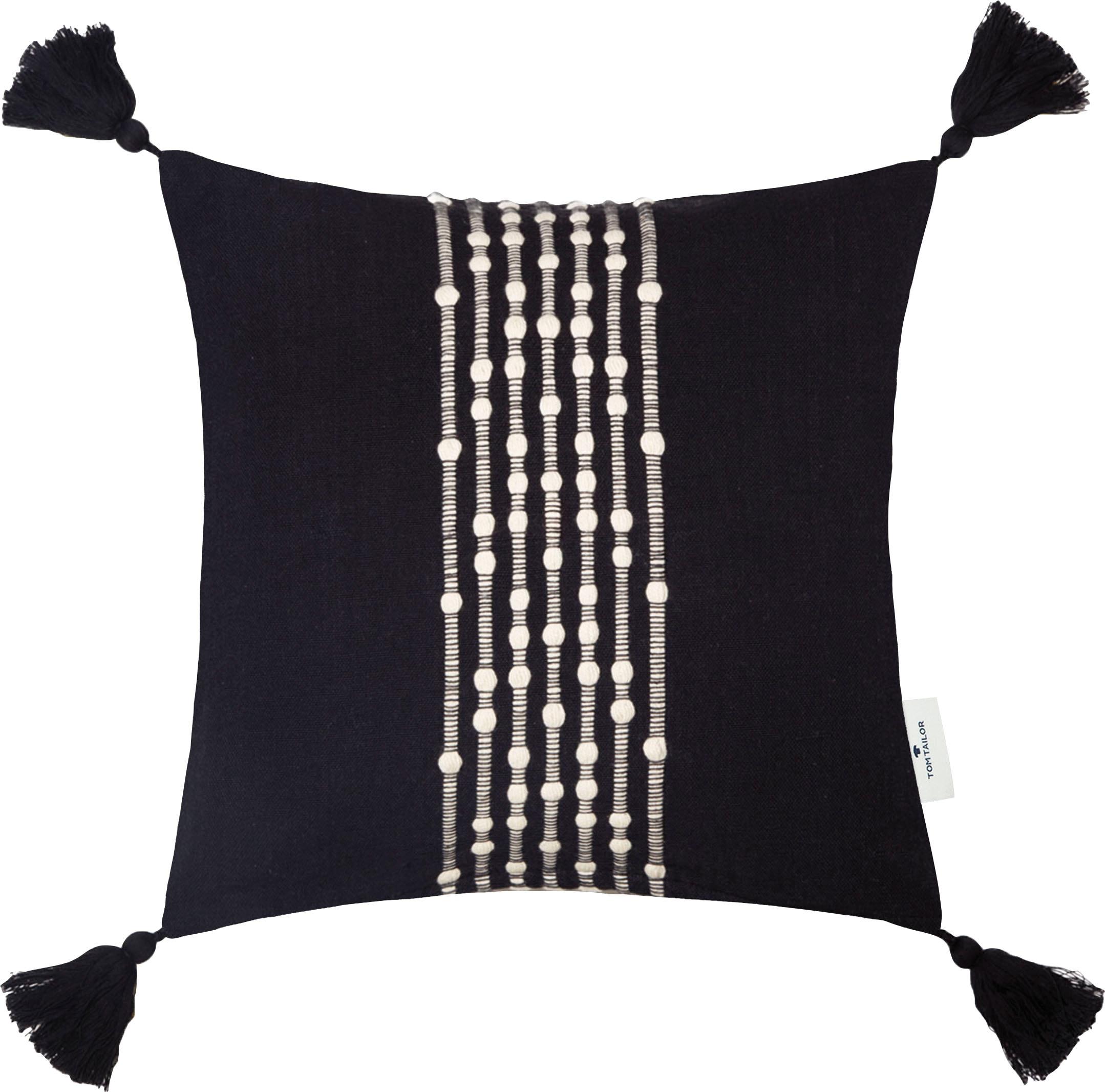 Dekokissen TOM TAILOR HOME "Knot Lines", schwarz (schwarz, beige, ethnomuster), B:40cm L:40cm, Baumwolle, Dekokissen_Sitzkissen_Kissenhüllen, Dekokissen, mit trendigen Quasten, Kissenhülle ohne Füllung, 1 Stück