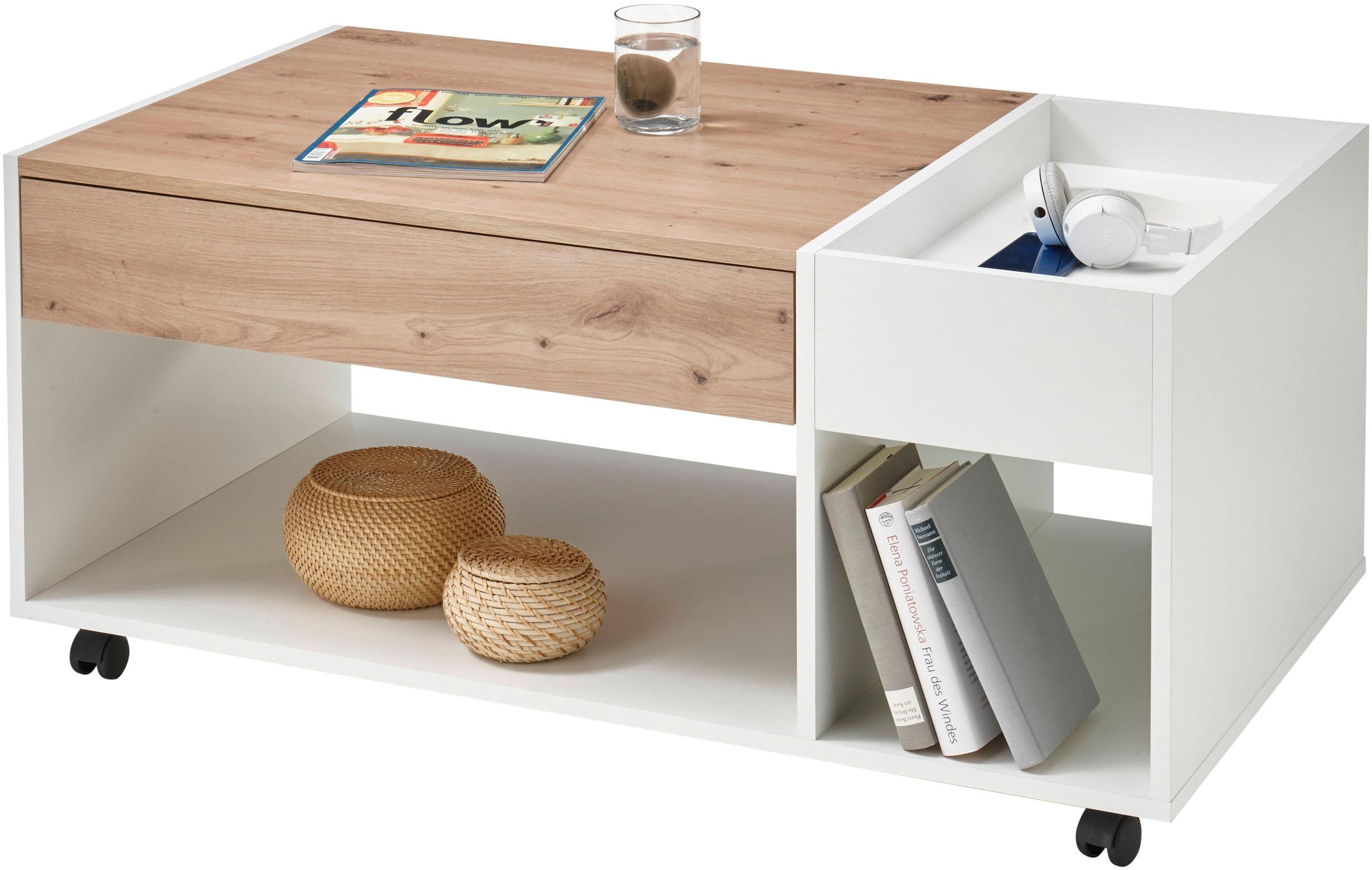 Couchtisch STOLKOM "Emil", weiß (artisan eiche, weiß, schwarz, artisan eiche, weiß), H:44cm, Tische, Couchtisch, rollbar, Tisch mit Schubkasten mit push to open