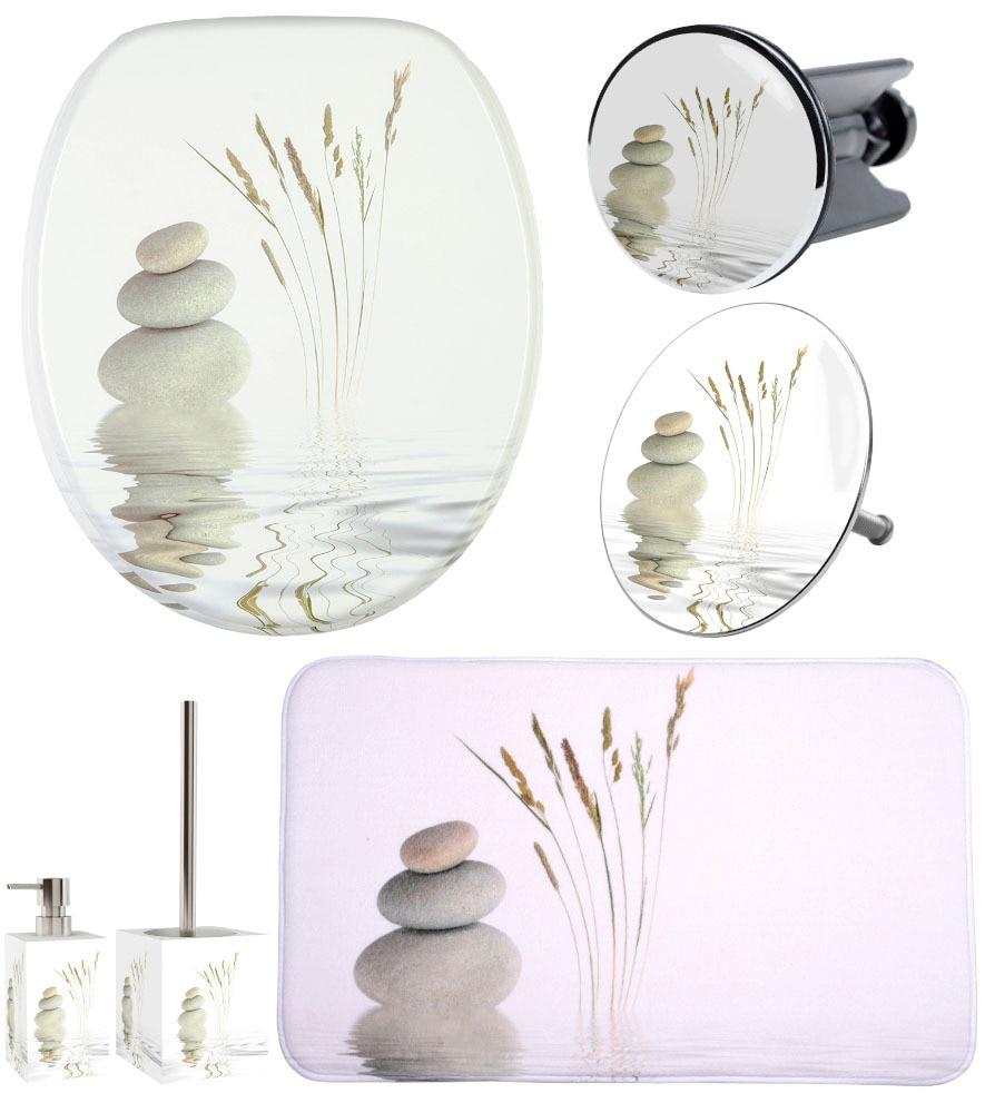 Badaccessoire-Set SANILO "Balance", beige, MDF, Badaccessoires-Sets, Badaccessoire-Set, bestehend aus WC-Sitz, Badteppich, Stöpsel, Seifenspender, WC-Bürste