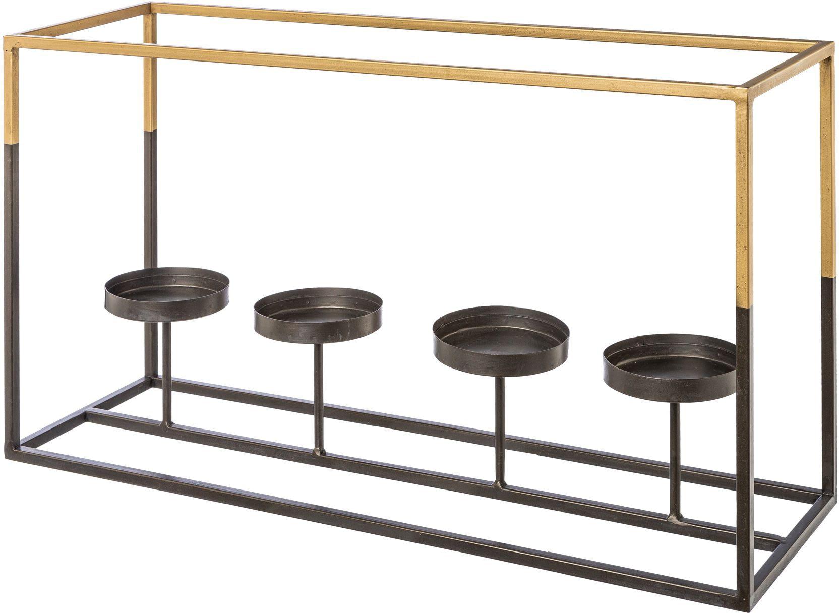 Adventsleuchter CREATIV DECO "Weihnachtsdeko", gold (goldfarben, schwarz), B:65cm H:35cm T:20cm, Metall, Kerzenhalter, Adventsleuchter, mit Glas, für Stumpenkerzen, BxTxH: 65x20x35 cm