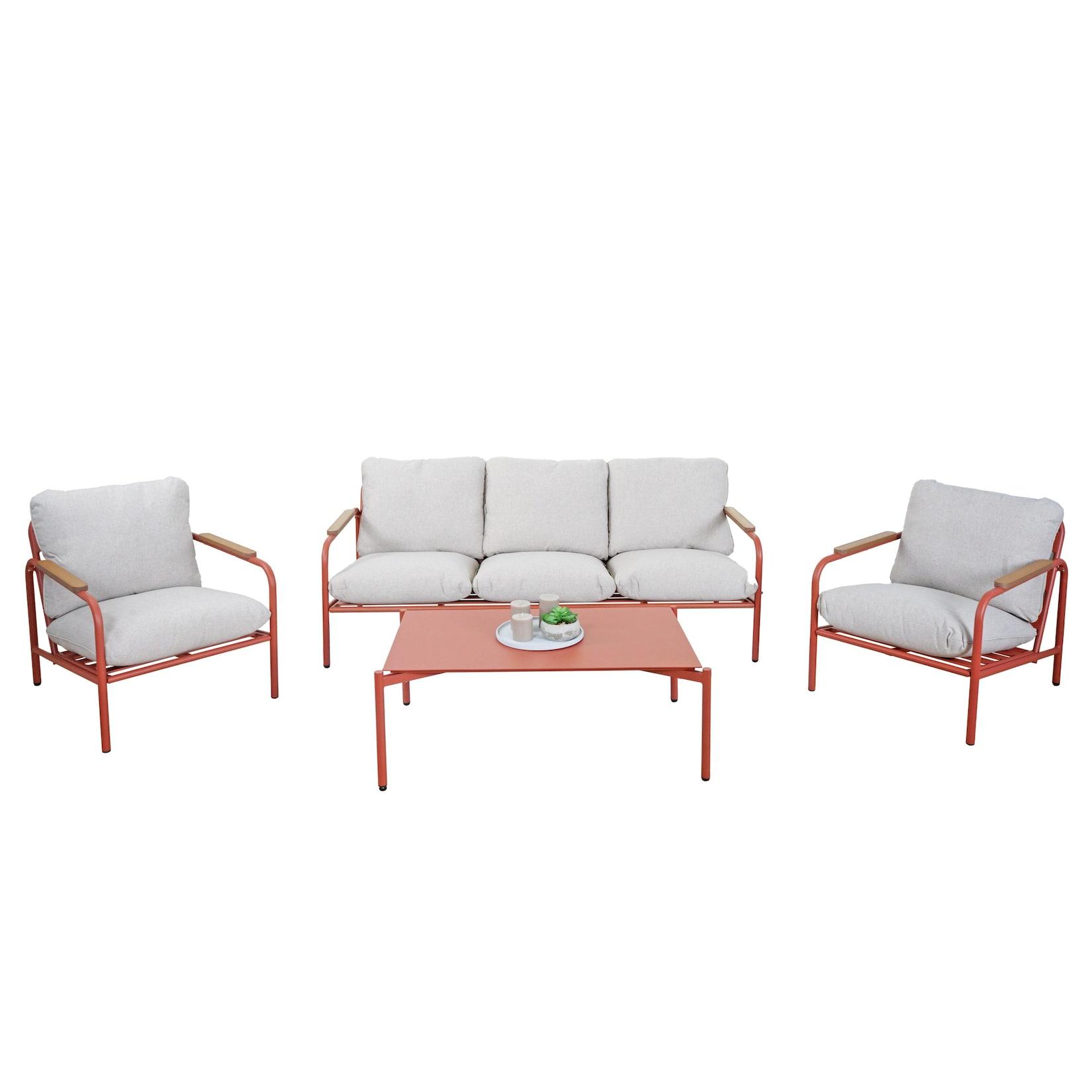Aluminium-Gartengarnitur MCW-O11, Outdoor 3-Sitzer Sitzbank Sessel Sofa, Olefin (205 G/M²) ~ Terrakotta Polster Beige