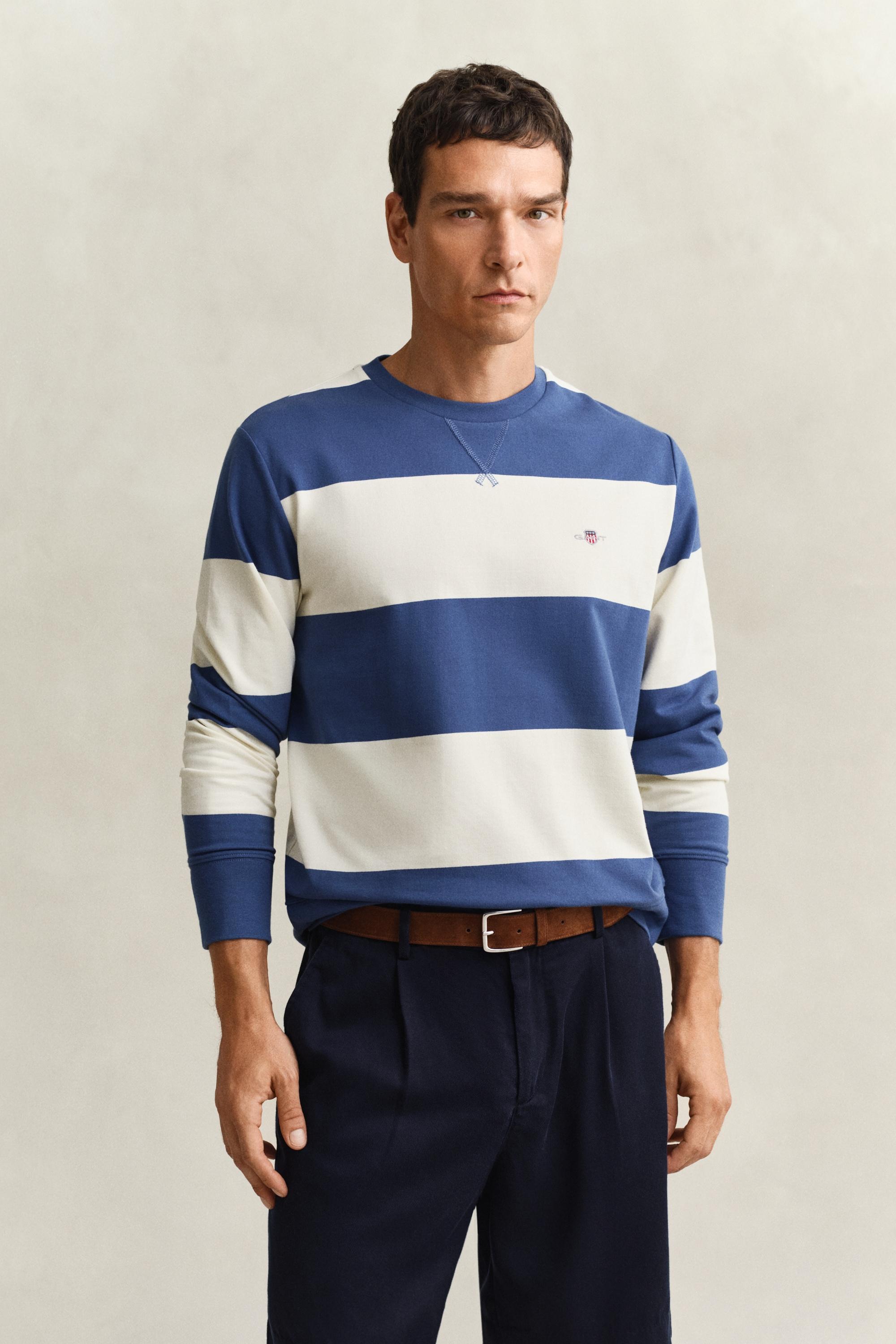Sweatshirt Gant "Striped C-NECK", Herren, Gr. Xl, Vintage Blau, Sweatware, Obermaterial: 100% Baumwolle, Gestreift, HüFtlang, Rundhals, Angesetztes BüNdchen, Sweatshirts Sweatshirt, Mit Rundhals Und Logostickerei