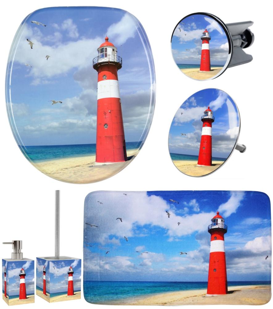 Badaccessoire-Set SANILO "Leuchtturm", blau, rot, Massivholz, Polyester, Polyresin (Kunststein), Badaccessoires-Sets, Badaccessoire-Set, WC-Sitz, Badteppich, Stöpsel, Seifenspender und WC-Bürste