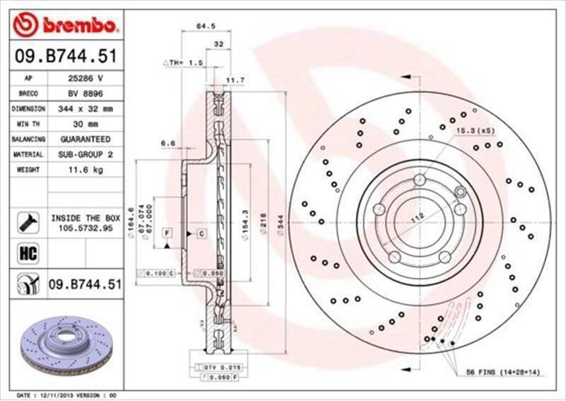 2X Brembo 09.B744.51 Disco Freno Asse Anteriore