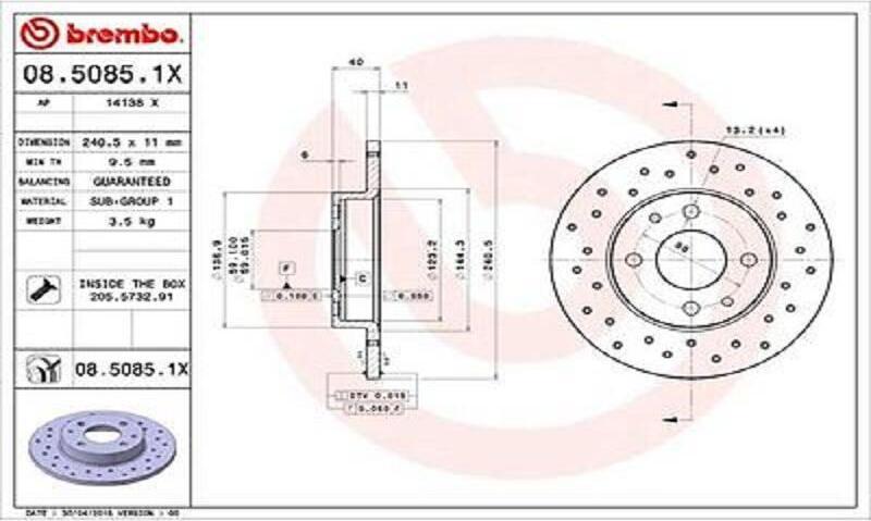 2X Disco Freno Brembo 08.5085.1X Per Ford Ka (RU8) Per Fiat Panda (169) 40Mm