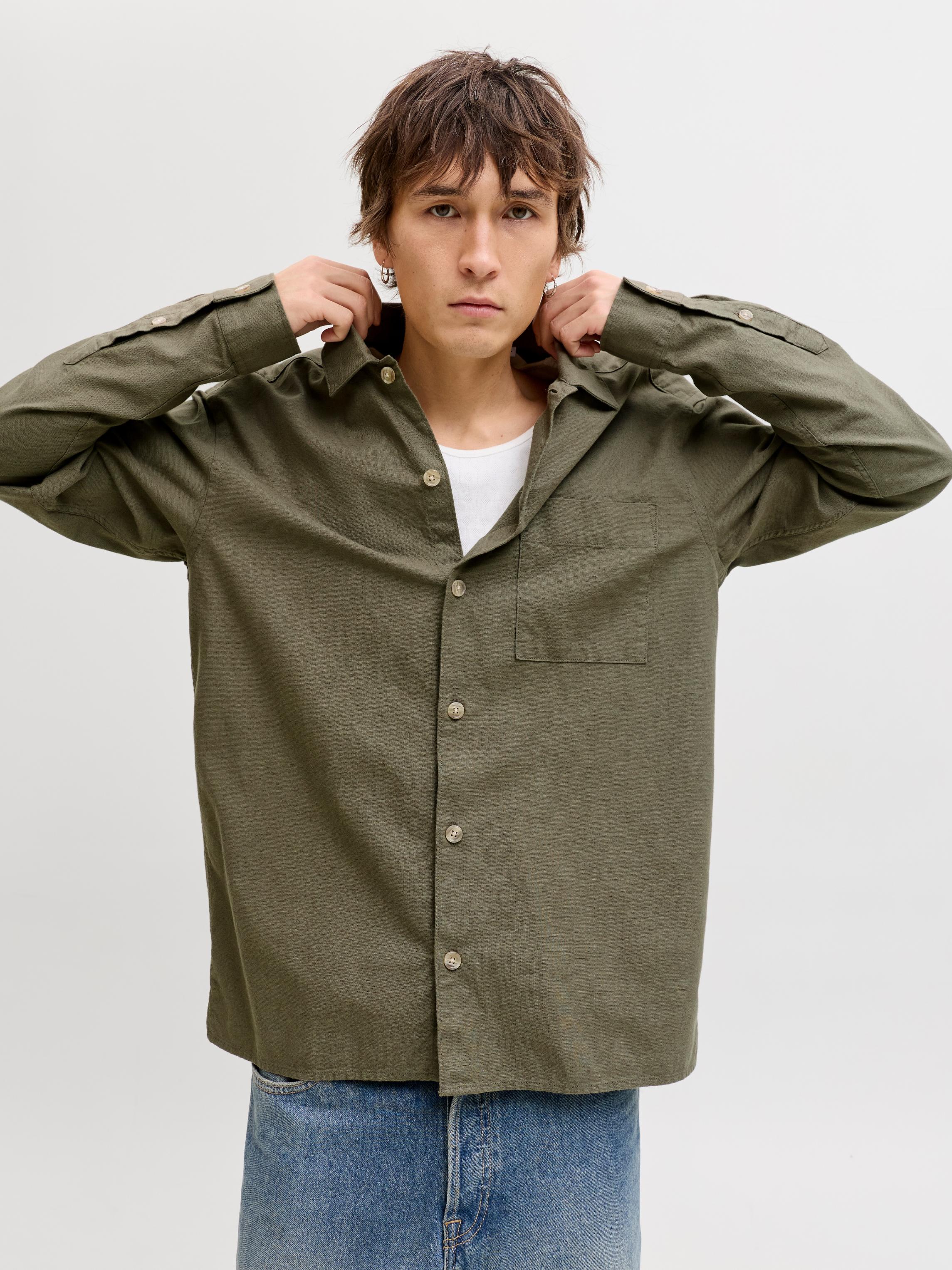Langarmhemd Jack & Jones "Jjetristan Overshirt Ls Sn", Herren, Gr. S, N-Gr, Dusty Olive, Web, Obermaterial: 86% Baumwolle, 14% Leinen, Unifarben, Hemden, Mit Knopfleiste