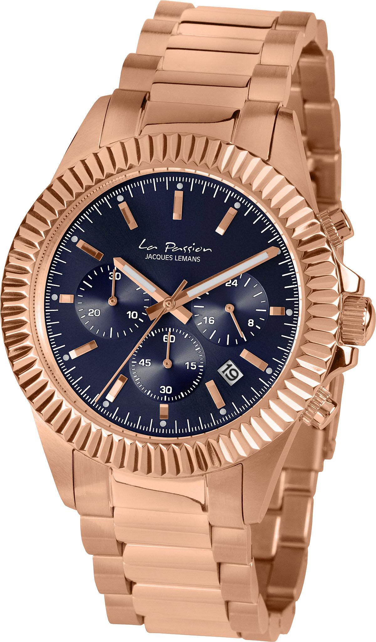 Chronograph JACQUES LEMANS "La Passion", gold (roségoldfarben, dunkelblau), Armbanduhren, Damen, Chronograph, Quarzuhr,Armbanduhr,Damenuhr,Herrenuhr,Edelstahlarmband,Stoppfunktion