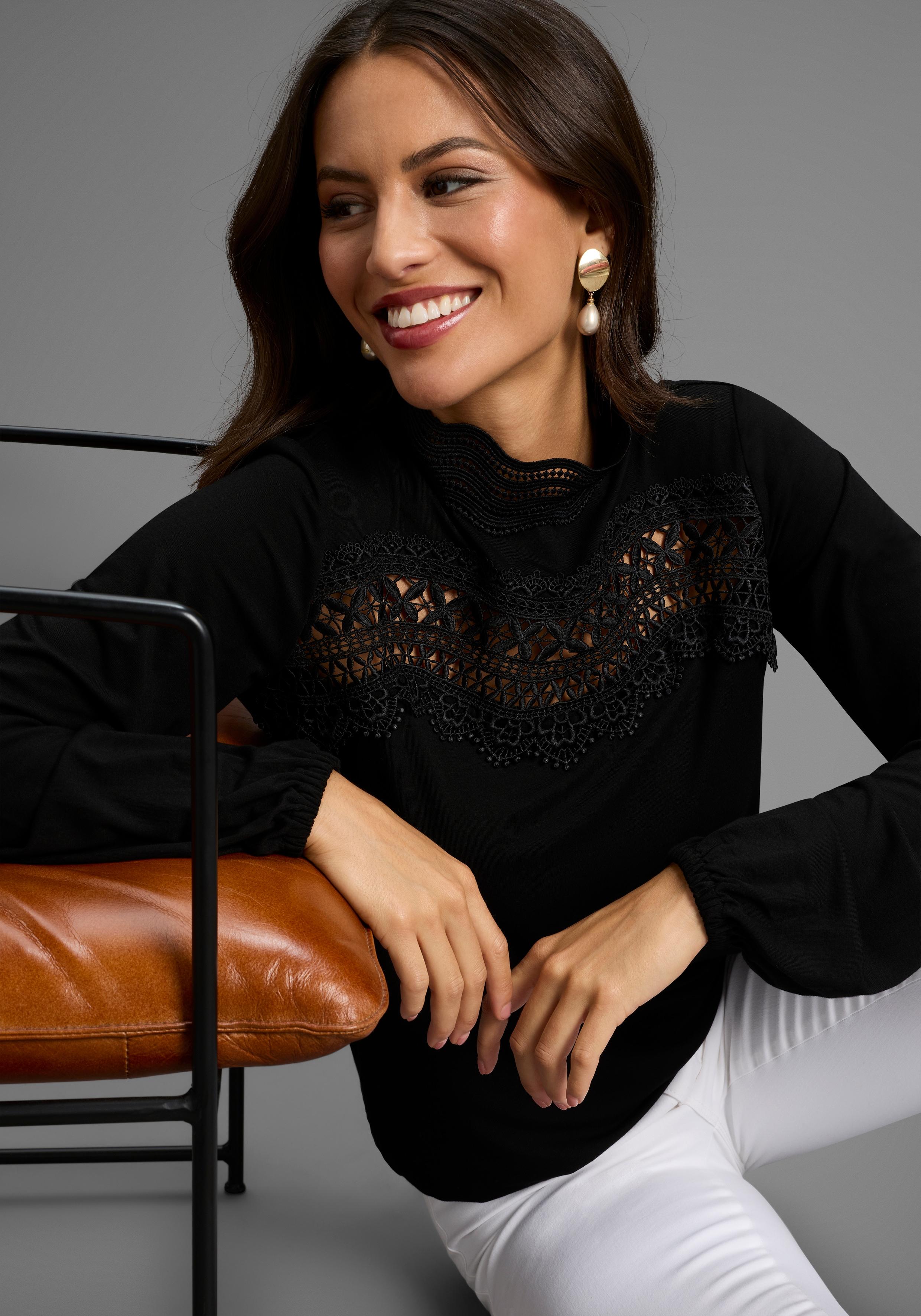 Longsleeve LAURA SCOTT, Damen, Gr. 40/42, schwarz, Jersey, Obermaterial: 95% Viskose, 5% Elasthan, unifarben, figurumspielend hüftbedeckend, Puffärmel mit innenliegendem Gummizug, Shirts Longsleeve, figurumspielend, mit Spitze