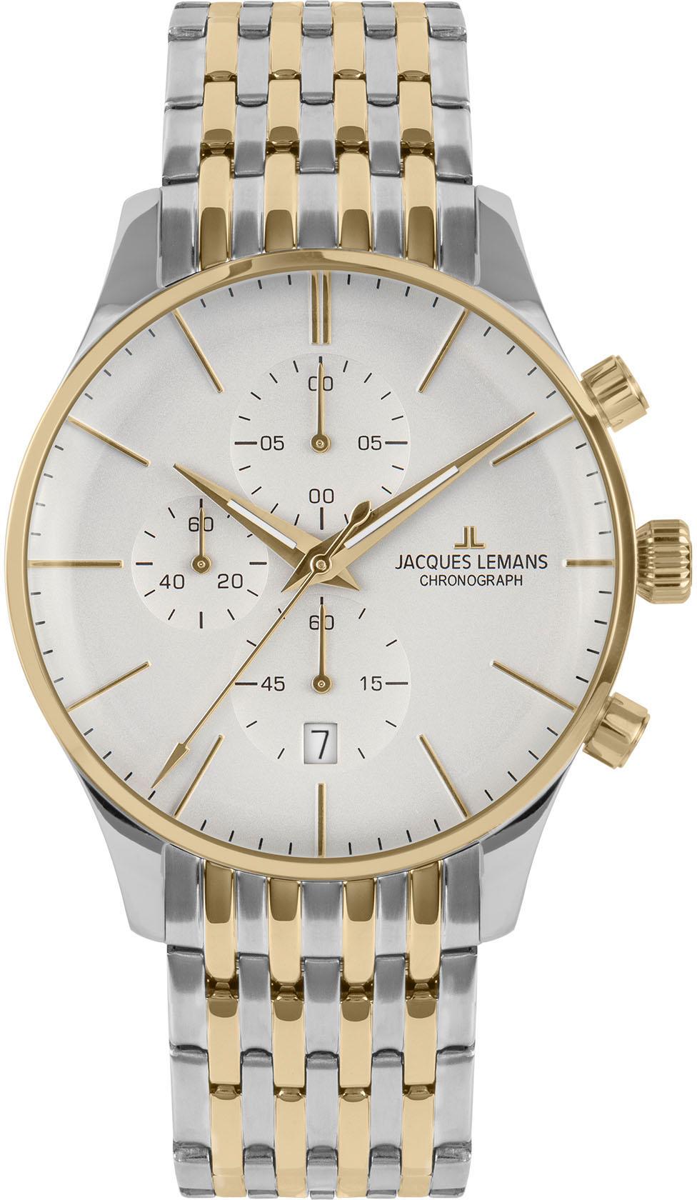 Chronograph JACQUES LEMANS "London", gold (silbergoldfarben, weiß), Armbanduhren, Herren, Chronograph, Quarzuhr, Armbanduhr, Herrenuhr, Edelstahlarmband, Stoppfunktion, Tag