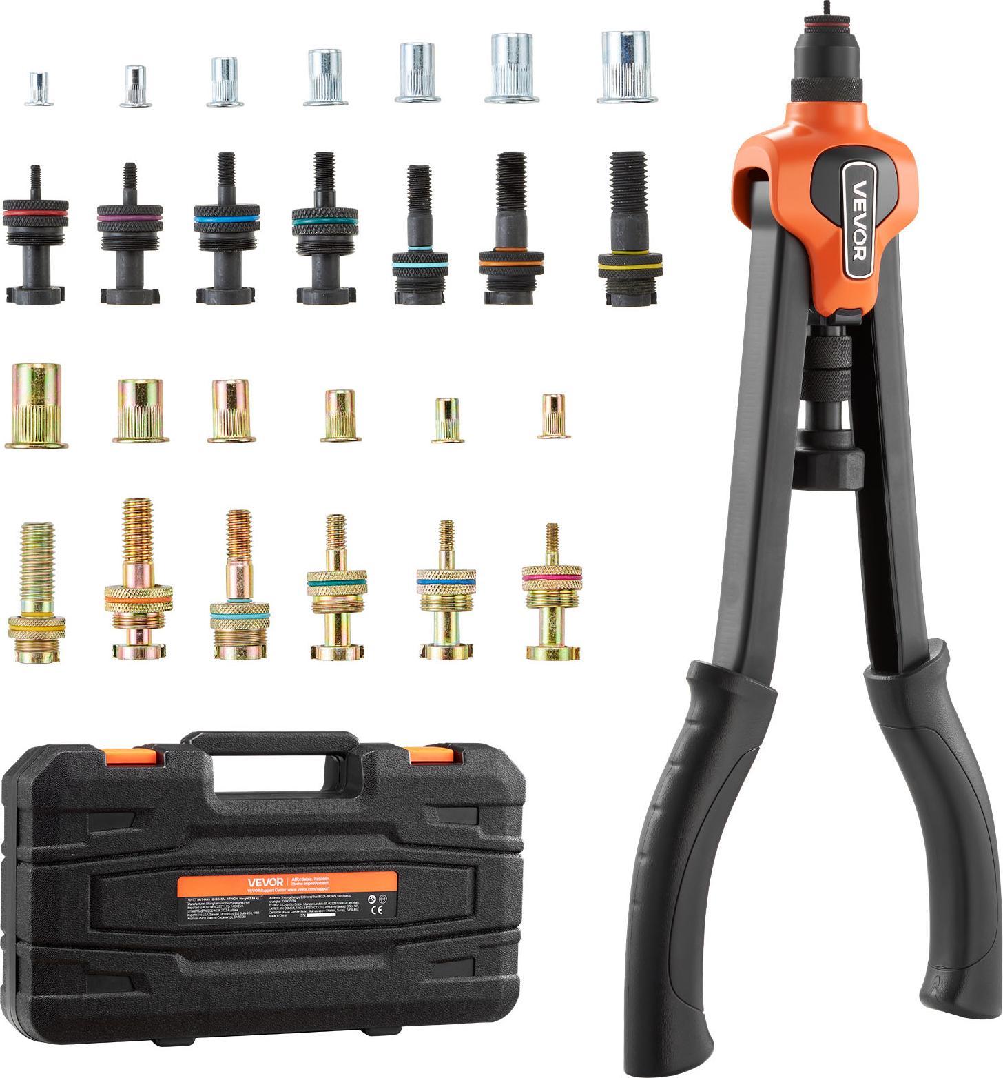 Set Di Pinze Per Dadi Rivettati Vevor 42 Cm, Pinze Rivettatrici A Due Mani Con 13 Punte E 130 Dadi In Misure Metriche E Sae M3, M4, M5, M6, M8, M10, M12, 1/2-13, 8-32, 10-24, 1/4-20, 5/16-18, 3/8-16 Unc