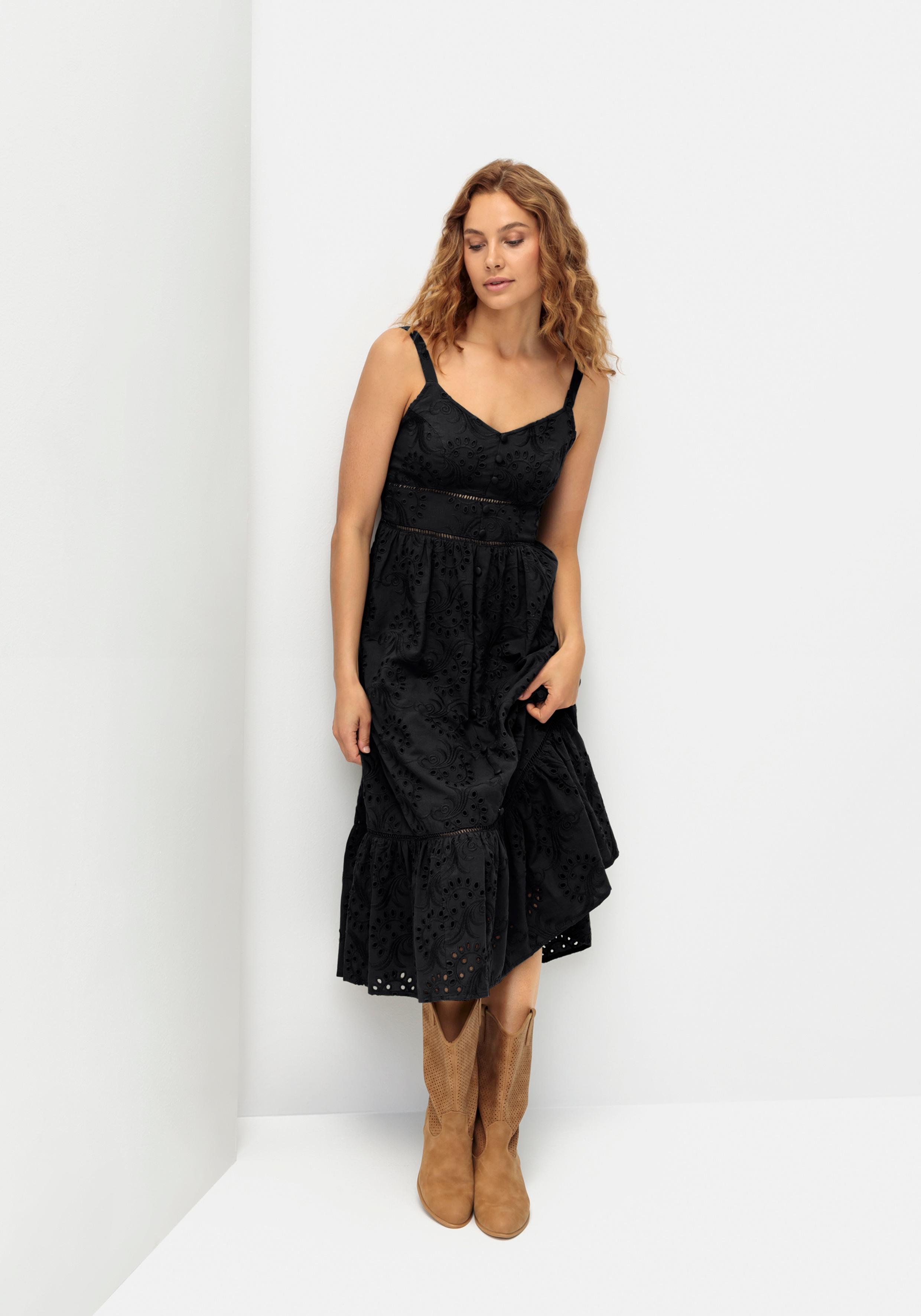 Midikleid LASCANA, Damen, Gr. 36, N-Gr, schwarz, Web, Obermaterial: 100% Baumwolle. Futter: 100% Baumwolle, unifarben, figurumspielend ca. Mitte Wade, V-Ausschnitt, Kleider Midikleid, mit sommerlicher Lochstickerei