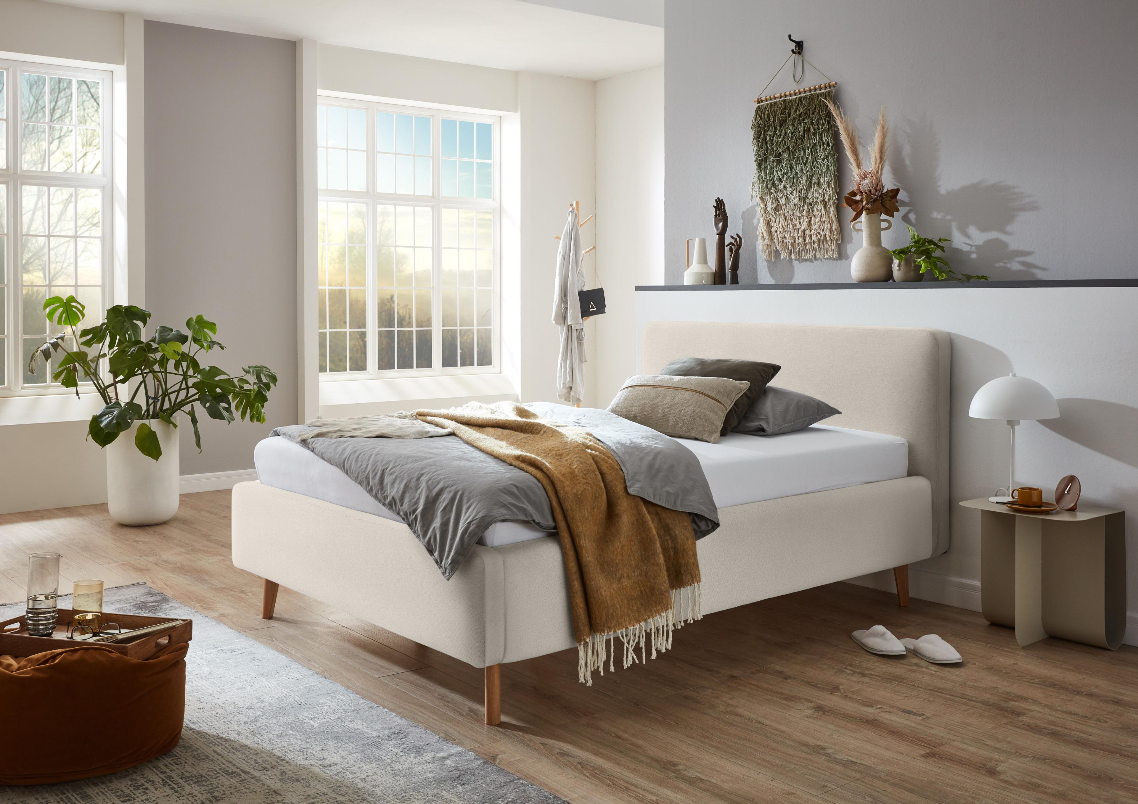 Polsterbett MEISE.MÖBEL "Mattis", weiß (ivory), B:161cm H:105cm L:218cm, Bezug Bett: Struktur Gewebe (100% Polyester), Betten, Polsterbett, Topseller, wahlweise mit Bettkasten