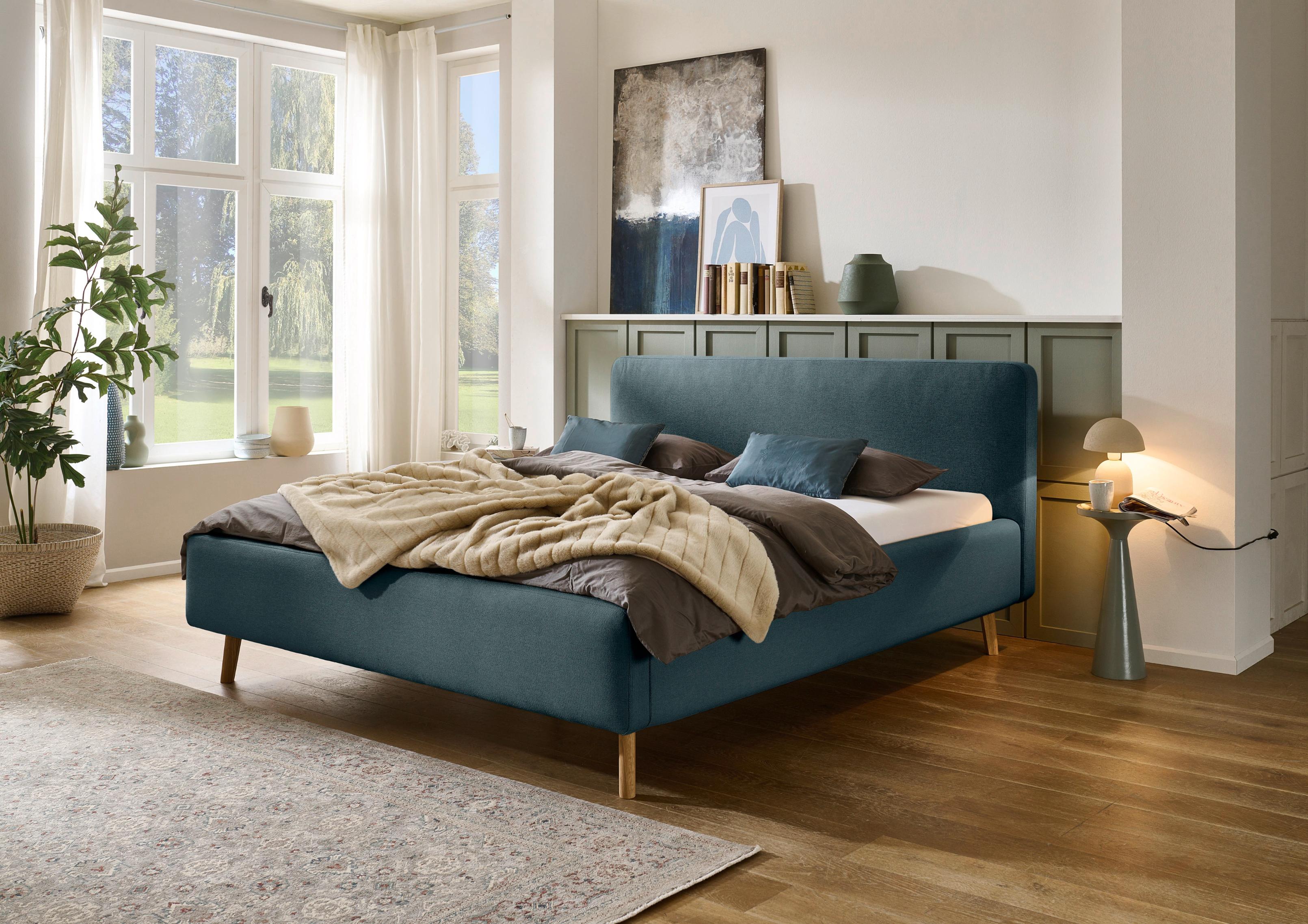 Polsterbett MEISE.MÖBEL "Mattis", blau (eisblau), B:201cm H:105cm L:218cm, Bezug Bett: Struktur Gewebe (100% Polyester), Betten, Polsterbett, Topseller, wahlweise mit Bettkasten
