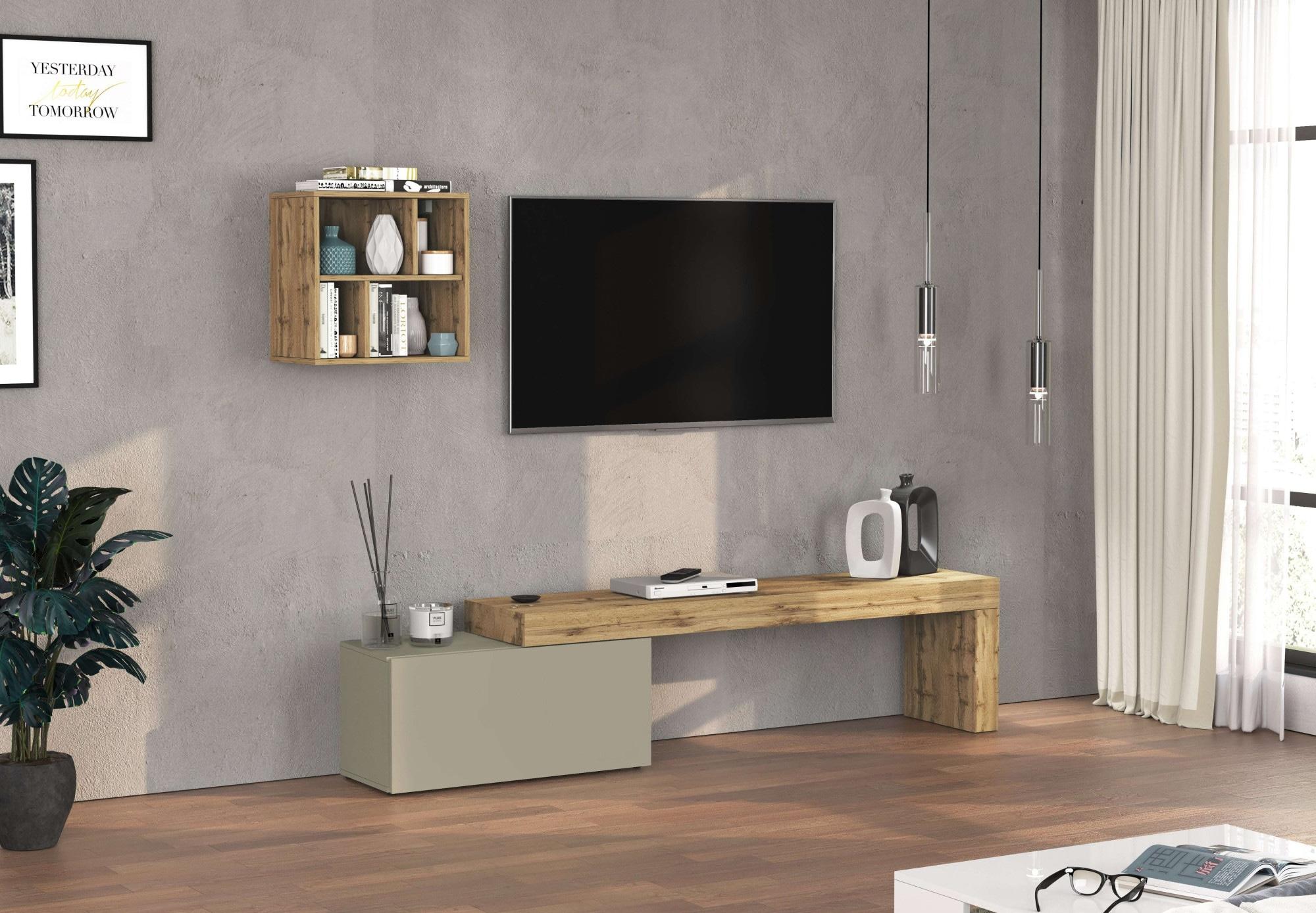 TV-Wand OTTO HOME "Chronos TV-Set, Wohnwand – Elemente frei platzierbar, Made in Italy", taube, eiche wotan, B:220cm H:190cm T:40cm, Kastenmöbel-Sets, TV-Wand, Lowboard Breite 220 cm, Hängeregal Breite 50 cm, Made in Italy