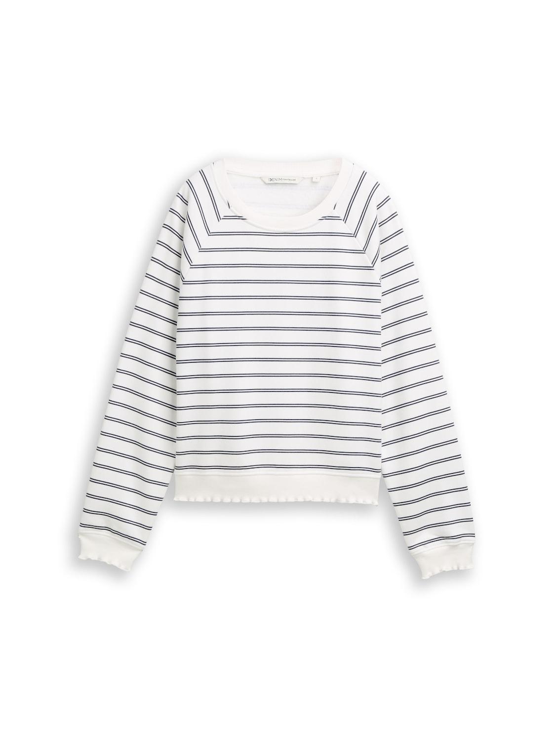 Tom Tailor Denim Damen Sweatshirt Mit Streifenmuster, Weiß, Gestreift, Gr. M