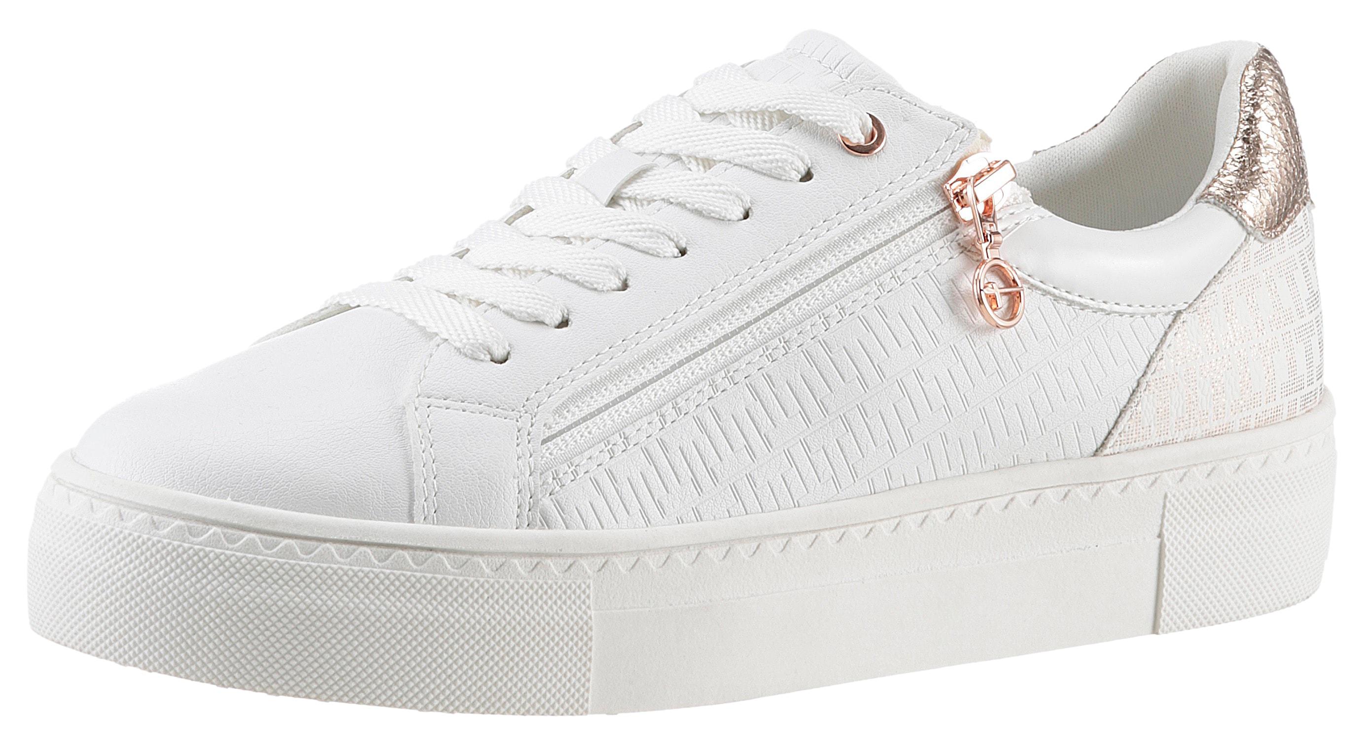 Plateausneaker Tamaris, Damen, Gr. 42, Rosa (Weiß, RoséGold), Synthetik, Textil, Kontrastfarbene Details, Leicht GläNzend, Schuhe Plateausneaker, Freizeitschuh, Halbschuh, SchnüRer Mit BesäTzen Und Glitzerdetails
