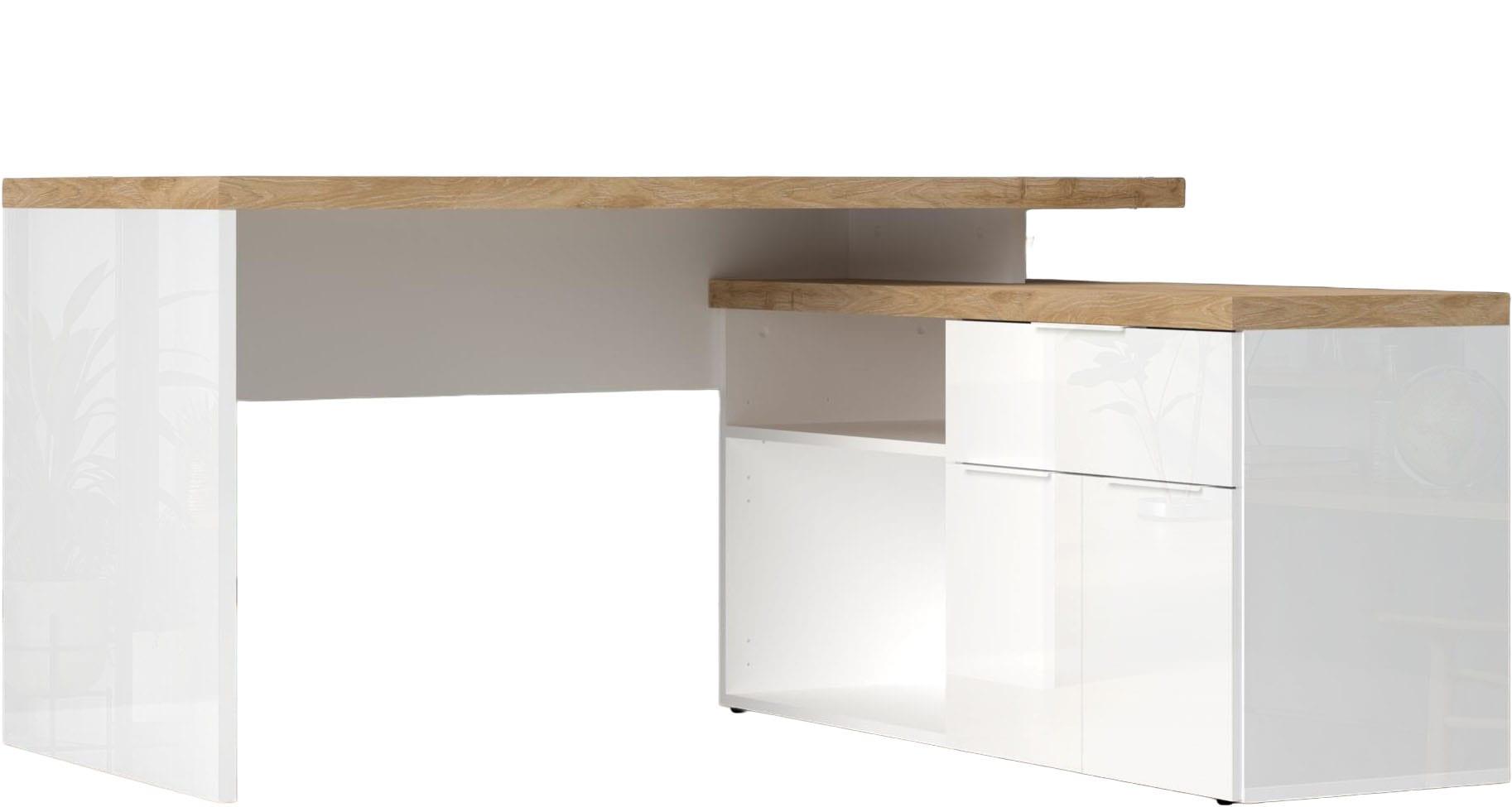 Eckschreibtisch HOME AFFAIRE "Easy, Computertisch – 38 mm Platte, perfekt fürs Büro & Homeoffice", weiß hochglanz lack, eiche cadiz dekor, weiß hochglanz lack, eiche cadiz dekor, B:138cm H:74cm T:68cm, Tische, Eckschreibtisch, Breite/Tiefe 138/132 cm, Schubkasten mit Selbsteinzug u. Dämpfung