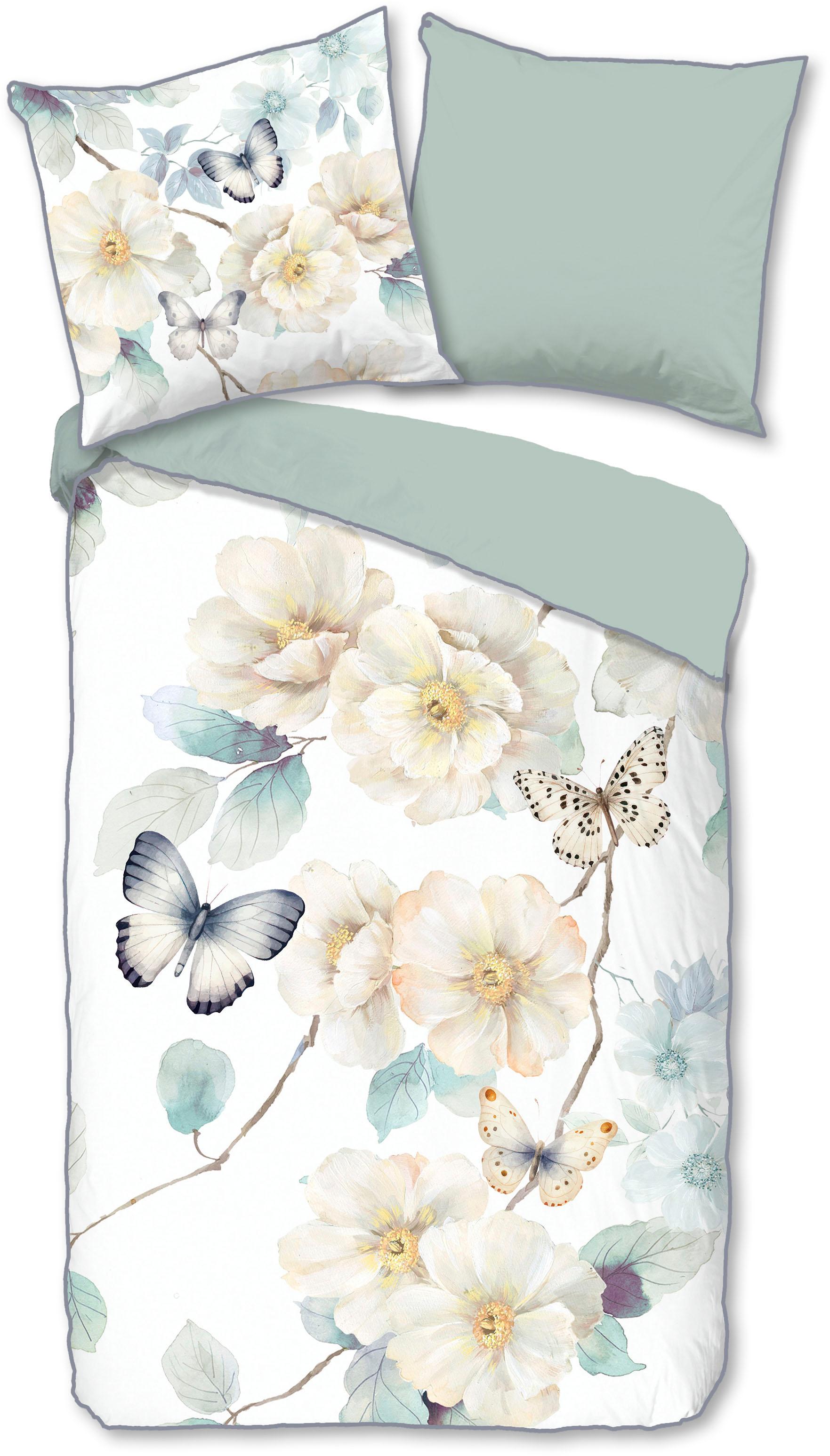 WendebettwäSche Descanso "Adiwanya", GrüN, B/L: 135Cm X 200Cm, 1 Stk., 1 Stk., Renforcé, B/L: 80Cm X 80Cm, 2 Stk., Renforcé, Obermaterial: 100% Baumwolle, BettwäSche, WendebettwäSche, Satin, ReißVerschluss, Paspel, Biese, Wendeoptik, Luxe, Blumen, Weiß