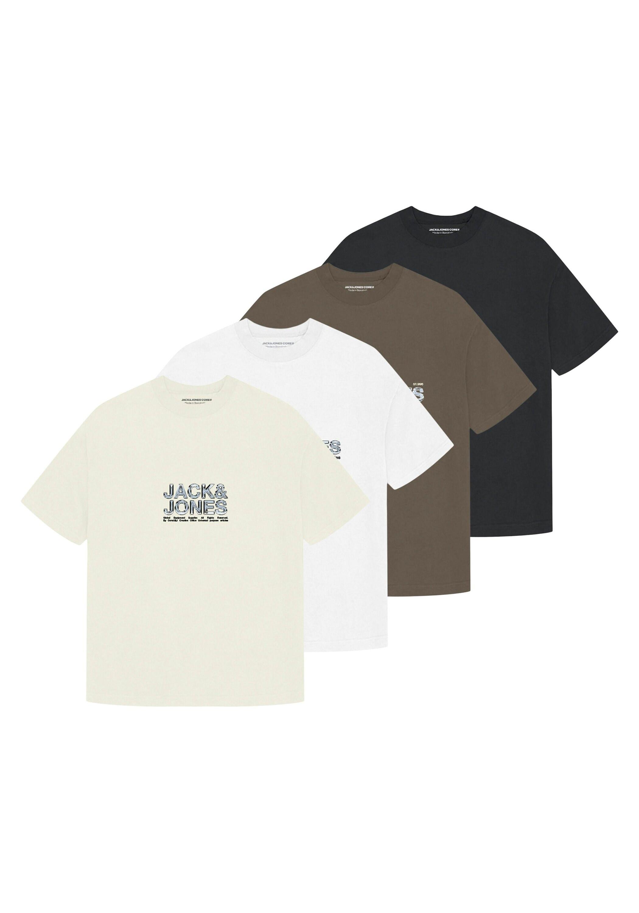 T-Shirt Jack & Jones "T-Shirt Jcodynamic Branding Tee Crew 4PK 4Er Pack", Jungen, Gr. M, Bunt (Weiß, Schwarz, Beige, DunkelgrüN), Obermaterial: 100% Baumwolle Co., Shirts T-Shirt