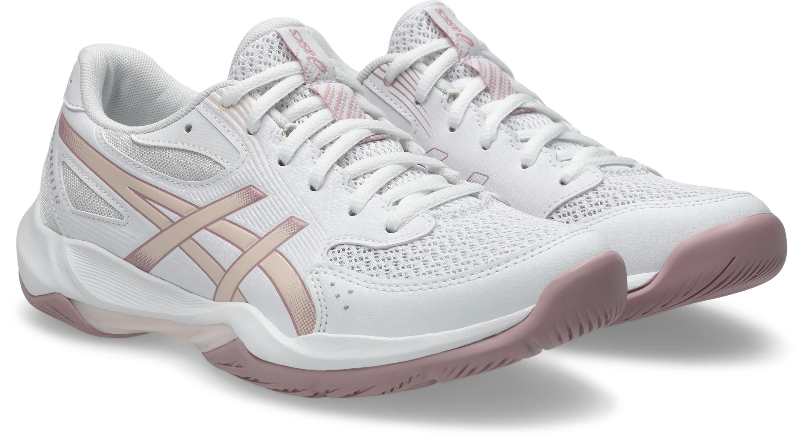 Hallenschuh Asics "GEL-ROCKET 12", Damen, Gr. 43,5, Weiß, Pearl Pink, Textil, Schuhe Hallenschuh, Besonders Geeignet FüR Handball Und Volleyball