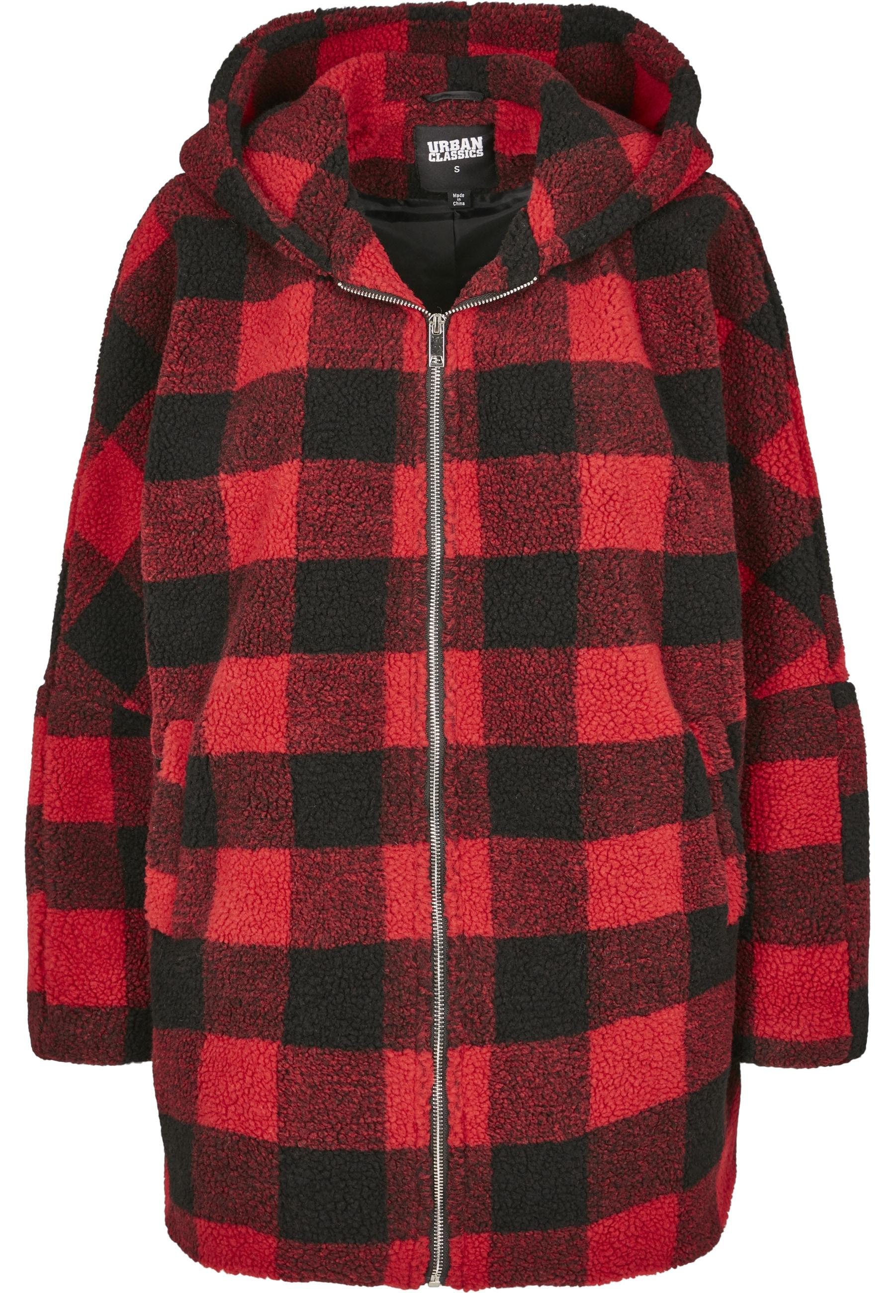 Winterjacke Urban Classics "Urban Classics Damen Ladies Hooded Oversized Check Sherpa Jacket", Damen, Gr. M, Firerot, Schwarz, 100% Polyester, Kariert, Oversize, Ohne Ausschnitt, Jacken Winterjacke