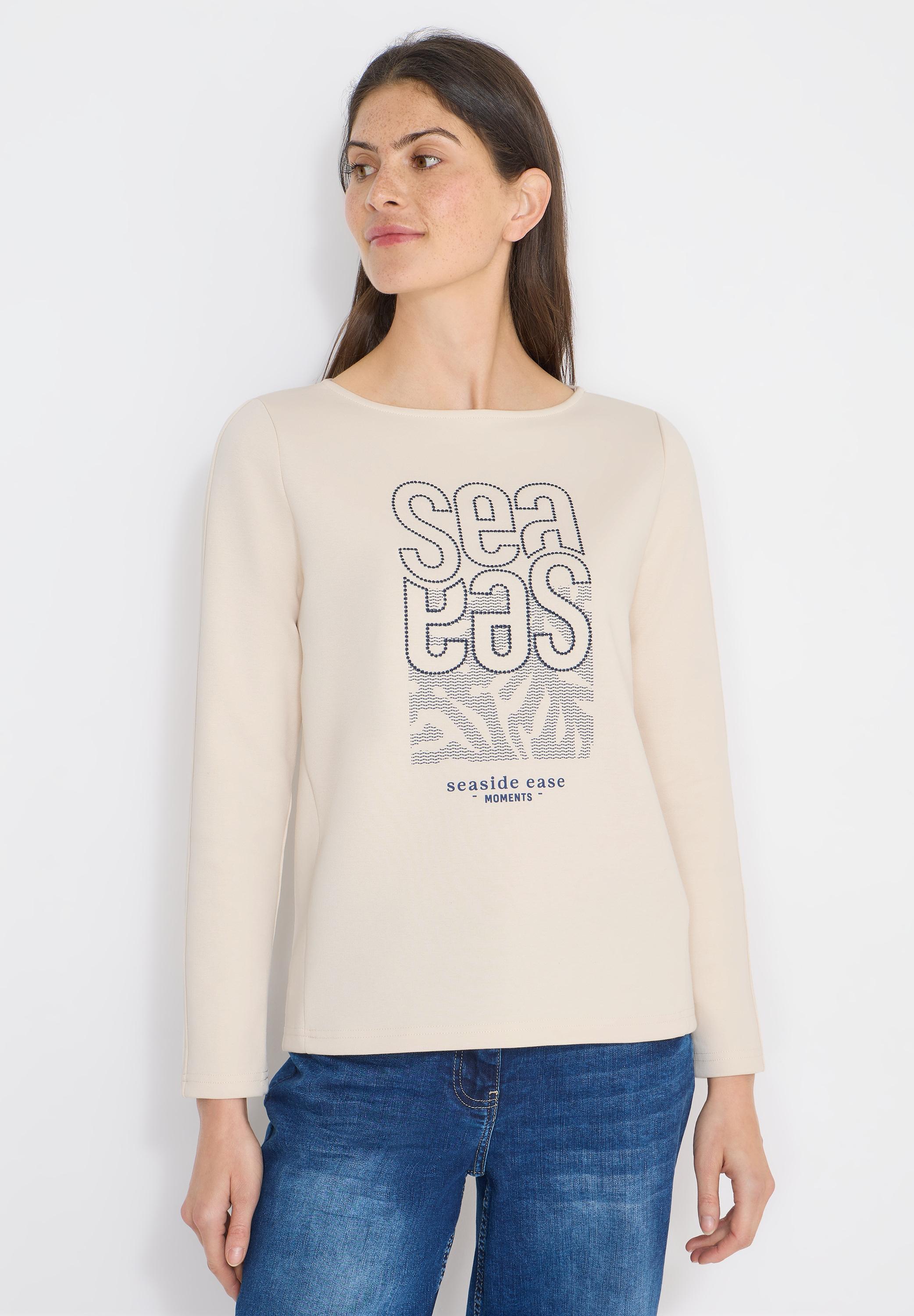 Langarmshirt Cecil, Damen, Gr. Xl (44), Pearl Beige, Web, 47% Baumwolle, 47% Polyester, 6% Elasthan, Bedruckt, Normal Normal, U-Boot-Ausschnitt, Abgesteppt, Shirts Langarmshirt, Mit U-Boot-Ausschnitt