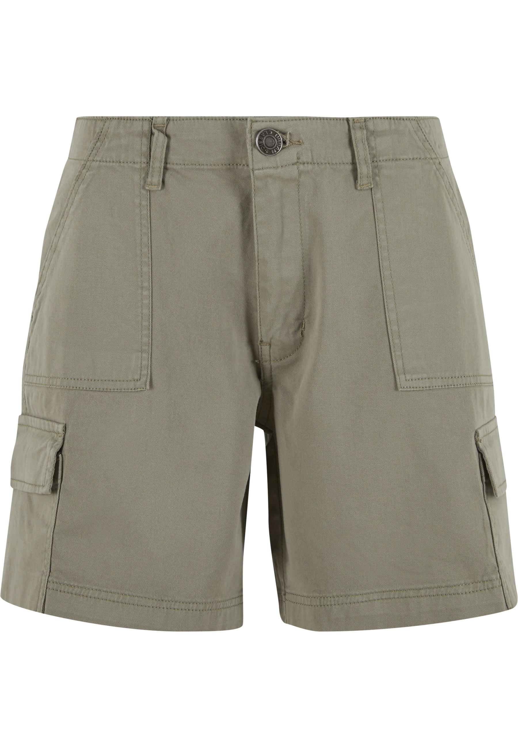 Cargoshorts Urban Classics "Urban Classics Ladies Cotton Cargo Shorts", Damen, Gr. 27, NormalgrößEn, GrüN (Paleolive), 98% Baumwolle, 2% Elasthan, Unifarben, Normal, Hosen