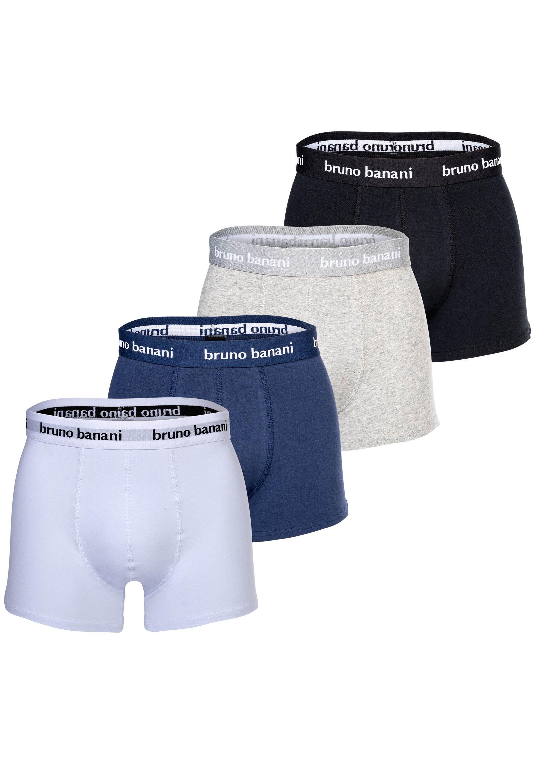 Boxershorts Bruno Banani "Boxershort Short 4Pack Every Day 4Er Pack", Herren, Gr. L, Bunt (Schwarz, Grau, Weiß, Blau), Obermaterial: 93% Baumwolle Co. 7% Elasthan El., Unterhosen