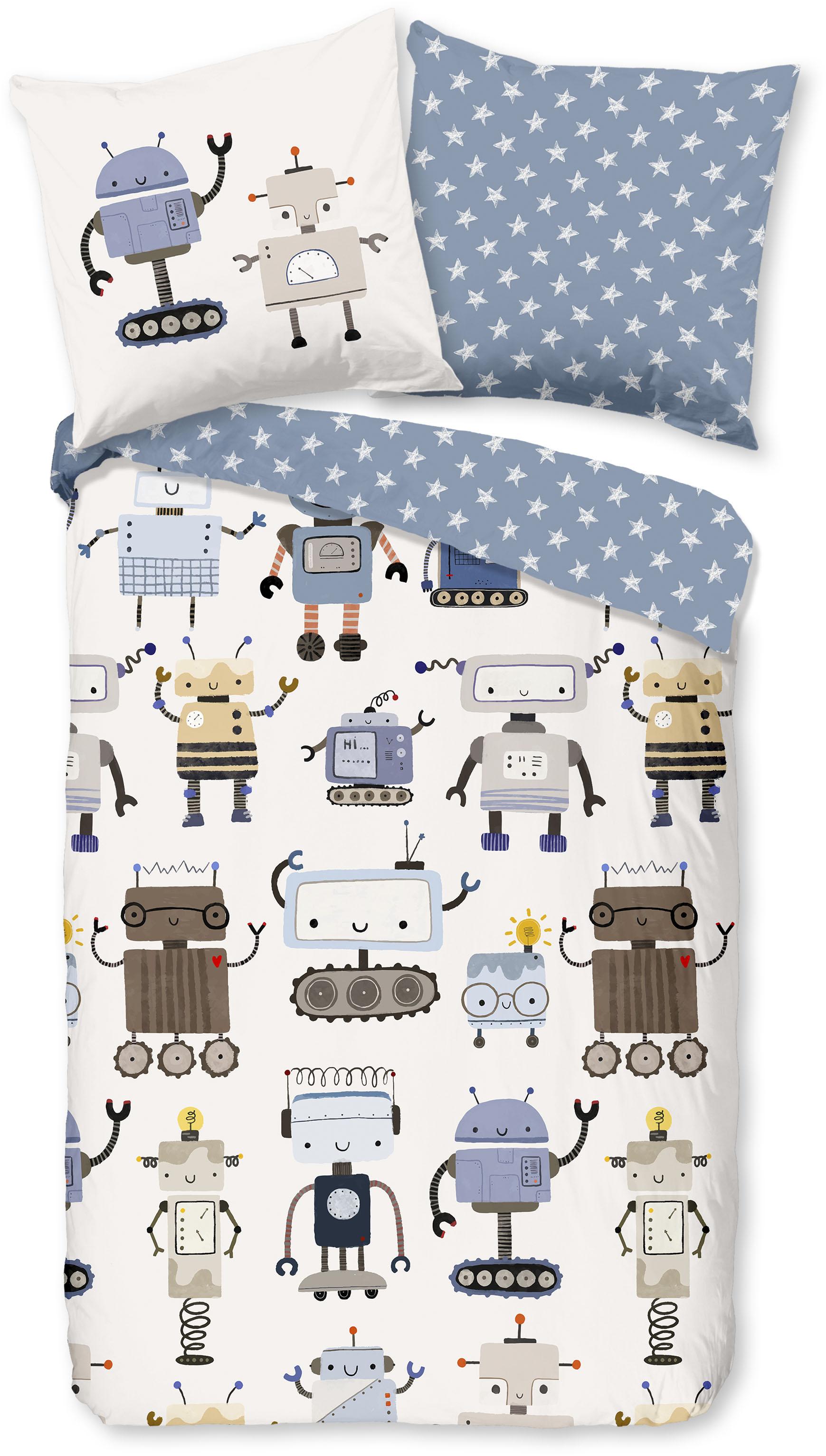 KinderbettwäSche Good Morning "Robo", Blau, B/L: 135Cm X 200Cm, 1 Stk., 1 Stk., Renforcé, B/L: 80Cm X 80Cm, 2 Stk., Renforcé, Obermaterial: 100% Baumwolle, BettwäSche, Baumwolle, ReißVerschluss, Wendeoptik, Baby, Junge, Roboter, Weiß Blau