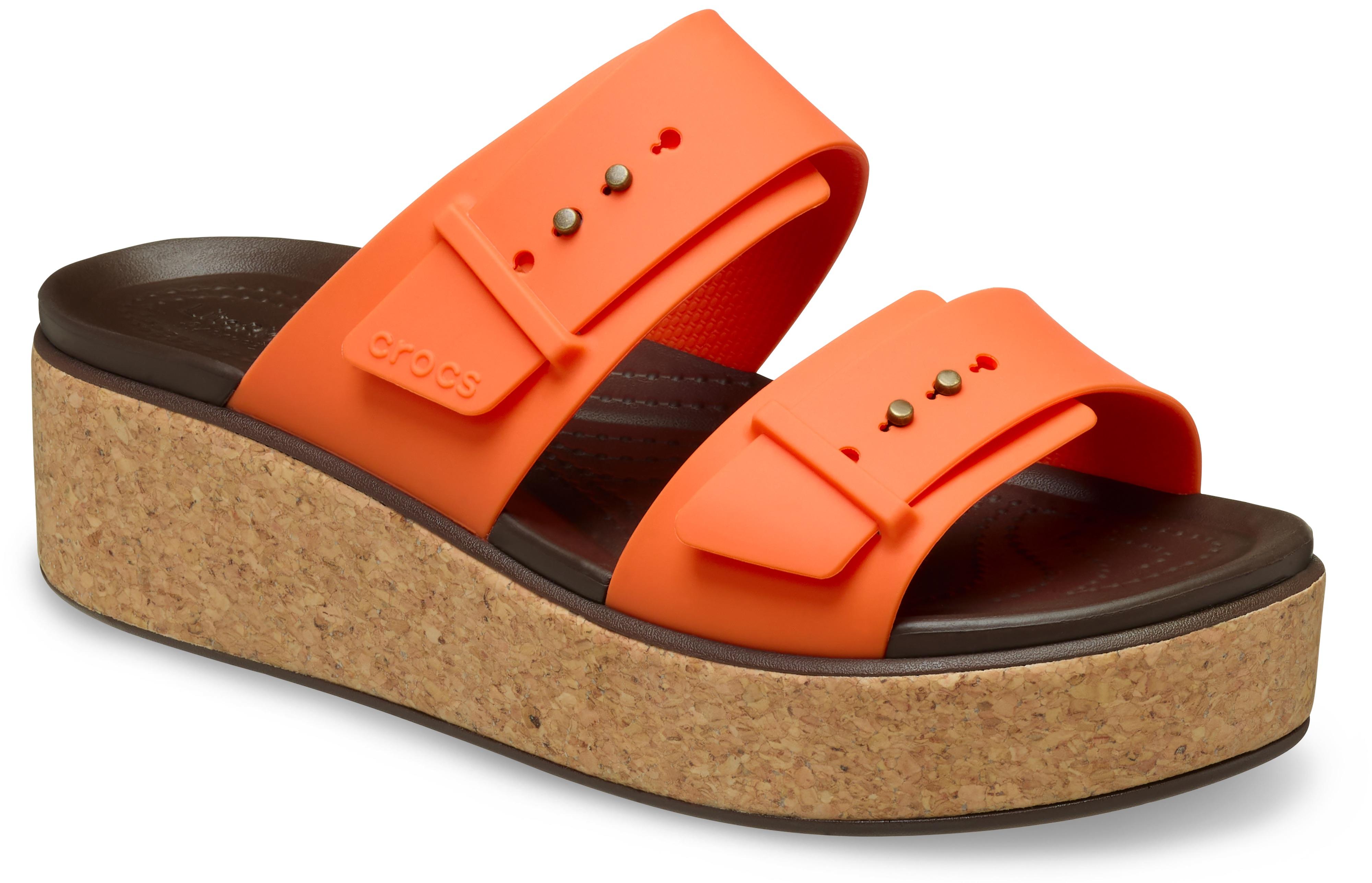 Keilpantolette CROCS "Brooklyn Cork Buckle", Damen, Gr. 38, orange, Croslite™, Schuhe Keilpantolette, Keilsandale, Plateausandale mit LiteRide™ Schaumfußbett
